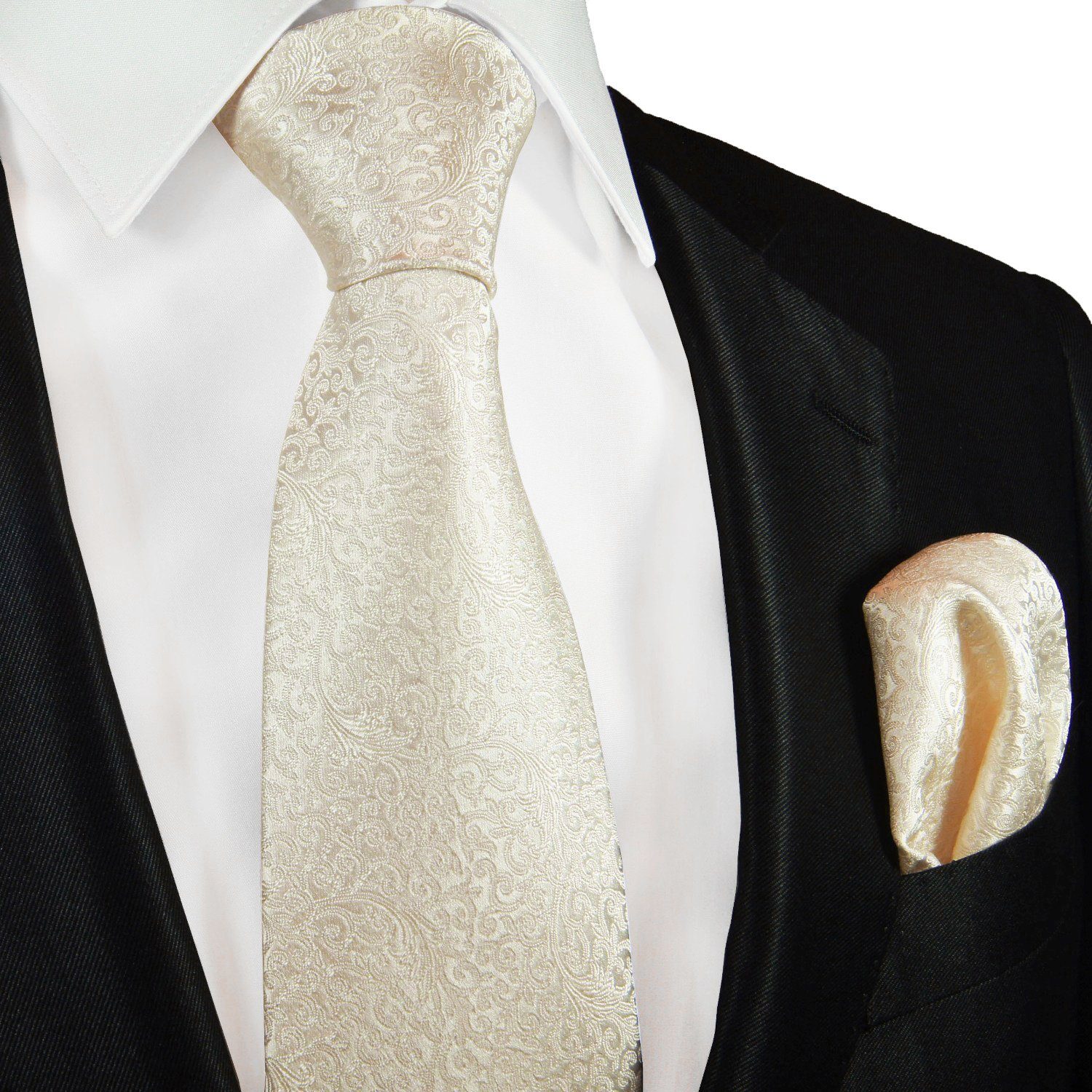 Paul Malone Krawatte Herren Hochzeitskrawatte mit Tuch floral 100% Seide Hochzeit Schlips (Set, 2-St., Krawatte mit Einstecktuch) Schmal (6cm), ivory elfenbein 2114 | Breite Krawatten