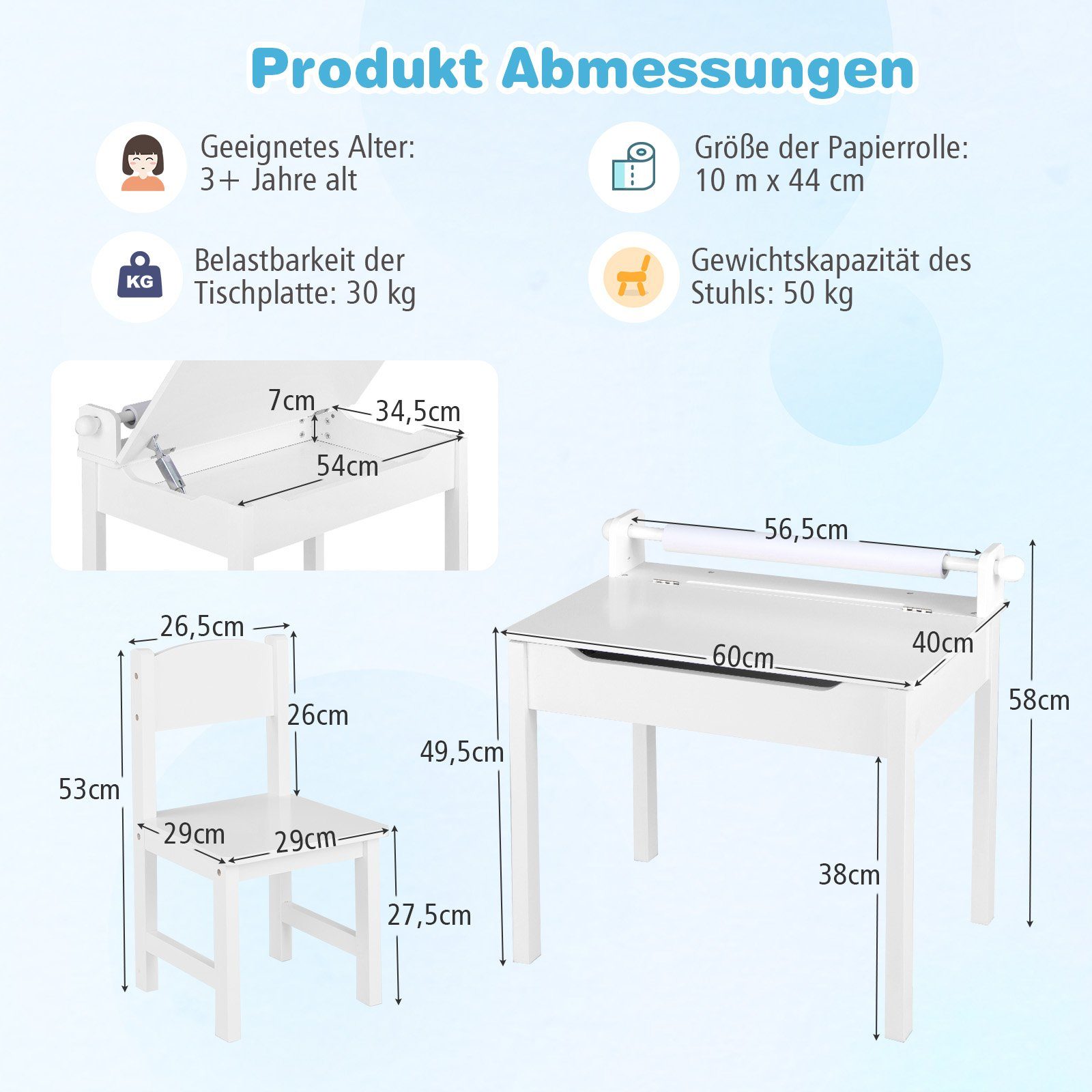 COSTWAY Kinderschreibtisch mit Stuhl Set & Papierrollenhalter, mit Papierrollenhalter