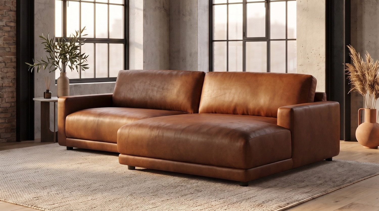 KAWOLA Ecksofa MARLIN Ecksofa aus Lederfaserstoff, cognac, Longchair rechts, Ecksofa Lederfaserstoff cognac Longchair rechts