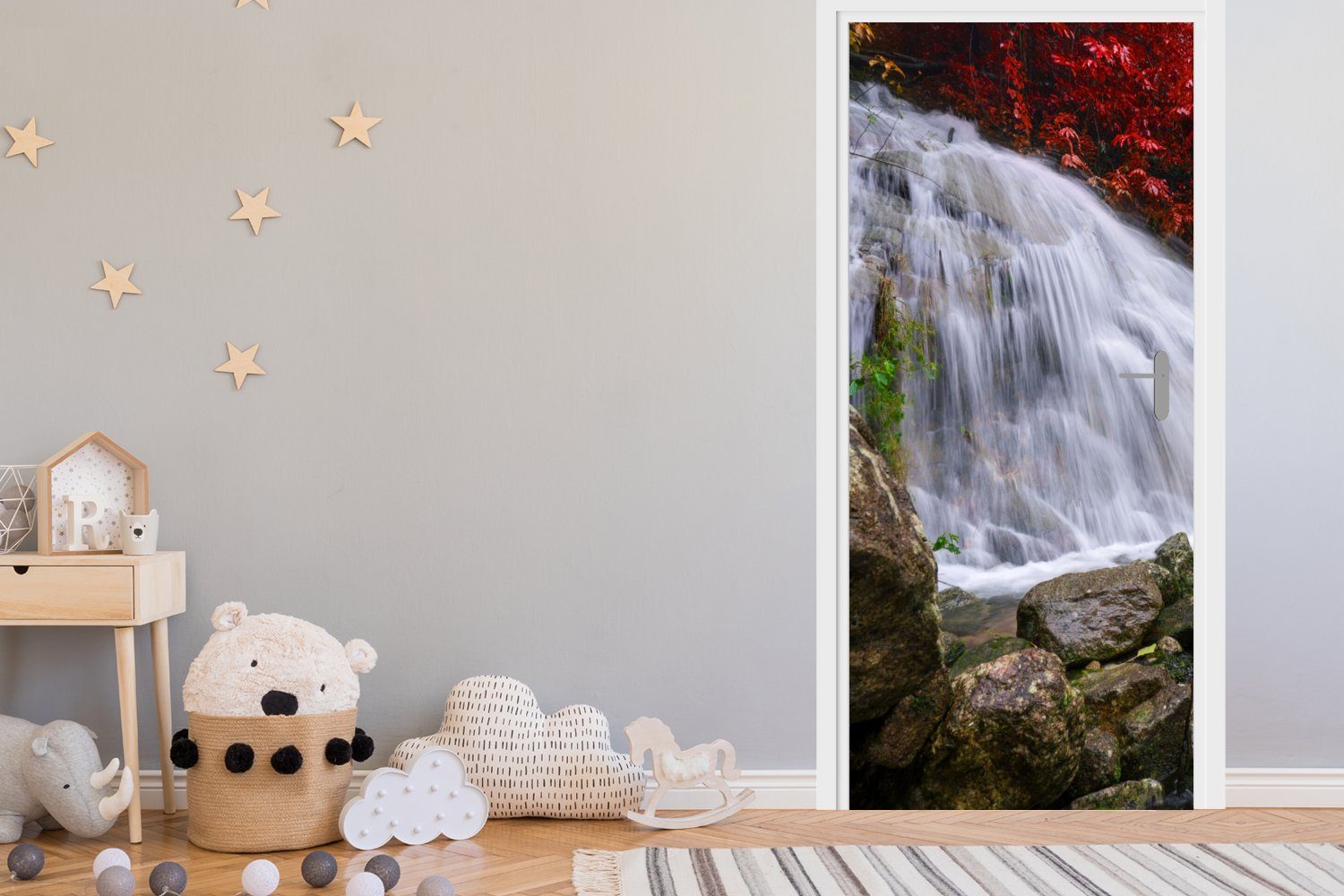 Felsen für - Herbst, bedruckt, Türtapete - Matt, Fototapete Tür, MuchoWow Wasserfall Türaufkleber, Wasser St), - 75x205 cm (1