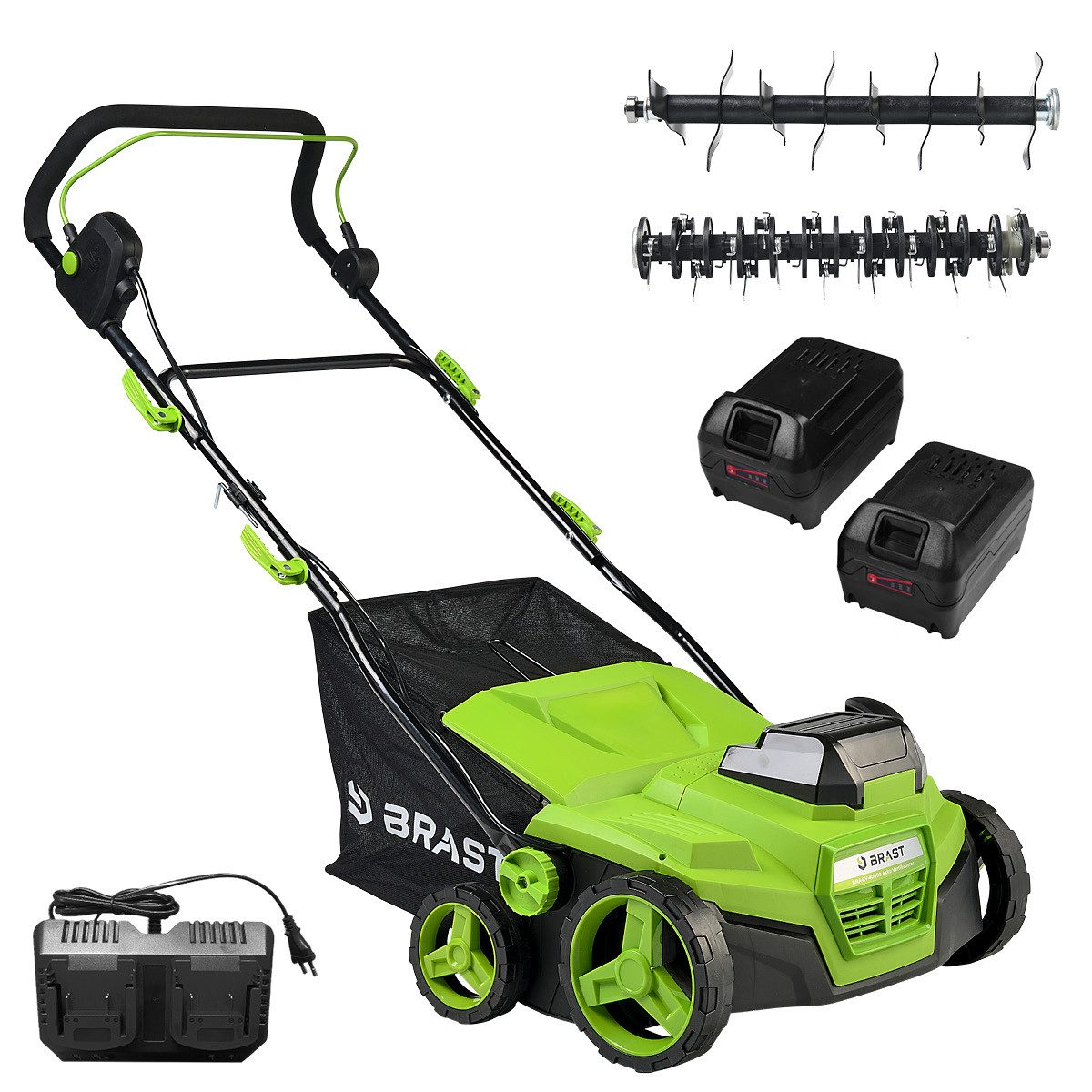 BRAST Akku-Vertikutierer / Lüfter 40V inkl. 2x 4,0Ah-Akkus, 2in1 Funktion, 38 cm Arbeitsbreite, (5-stufig einstellbare Arbeitstiefe), für Flächen bis 500 m²