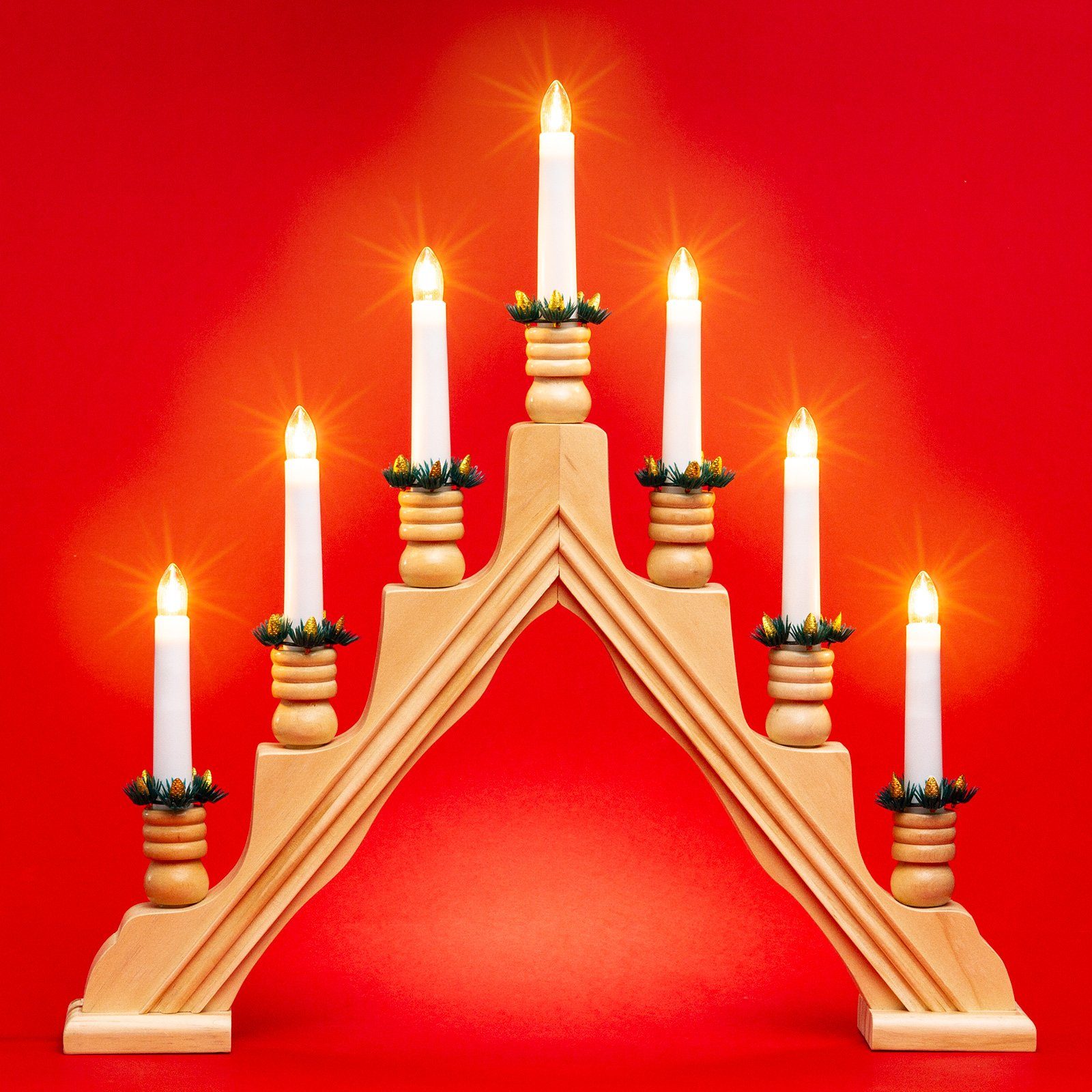 SIKORA Schwibbogen LB49 B:42,5cm natur mit 7 Premium elektrischen Kerzen Schwedenleuchter