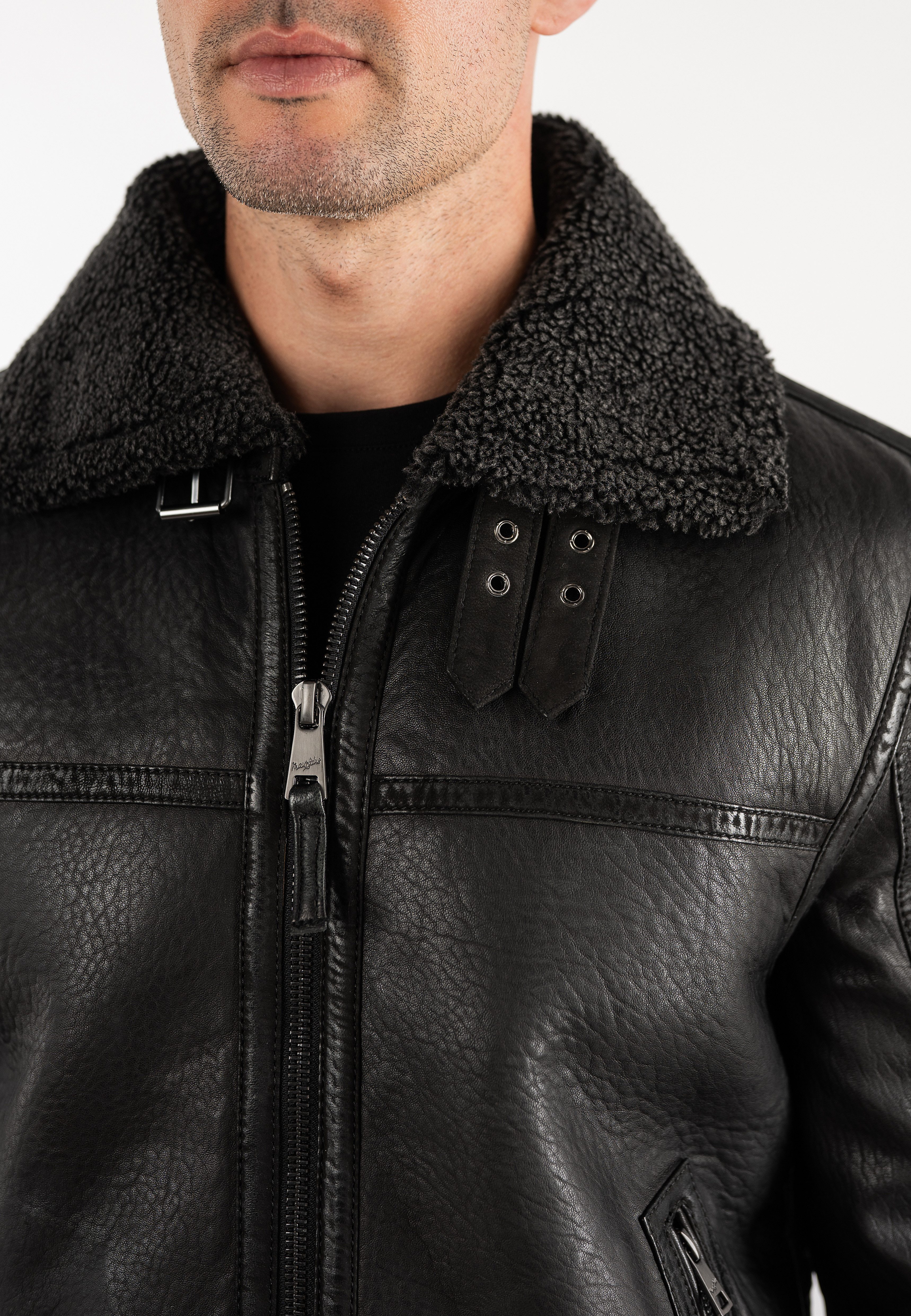 Mauritius Lederjacke MMPolarforce (mauritiusHerren26) im Sherpa-Look mit Besatz am Kragen