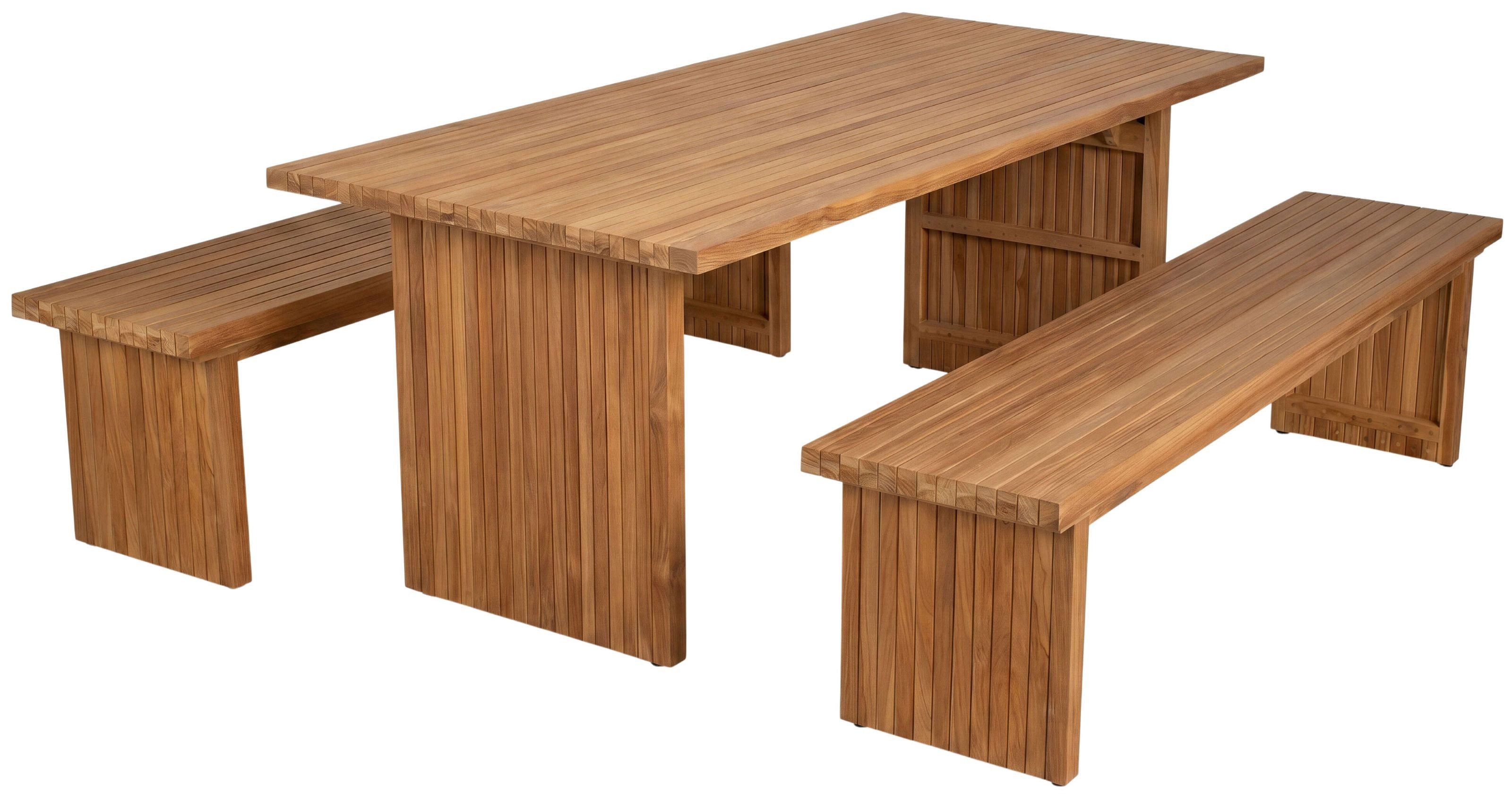 MR.DEKO Garten-Essgruppe Gartenmöbelset Essgruppe Teakbank Ashford & Tisch Ashford, (Gartenmöbelset mit Tisch und 2 Sitzbänken, 3-tlg., 1 Gartentisch und 2 Gartenbänke für bis zu 6 Personen), Gartenmöbelset Teak Sitzgruppe mit Tisch und 2 Bänken für 6 Personen