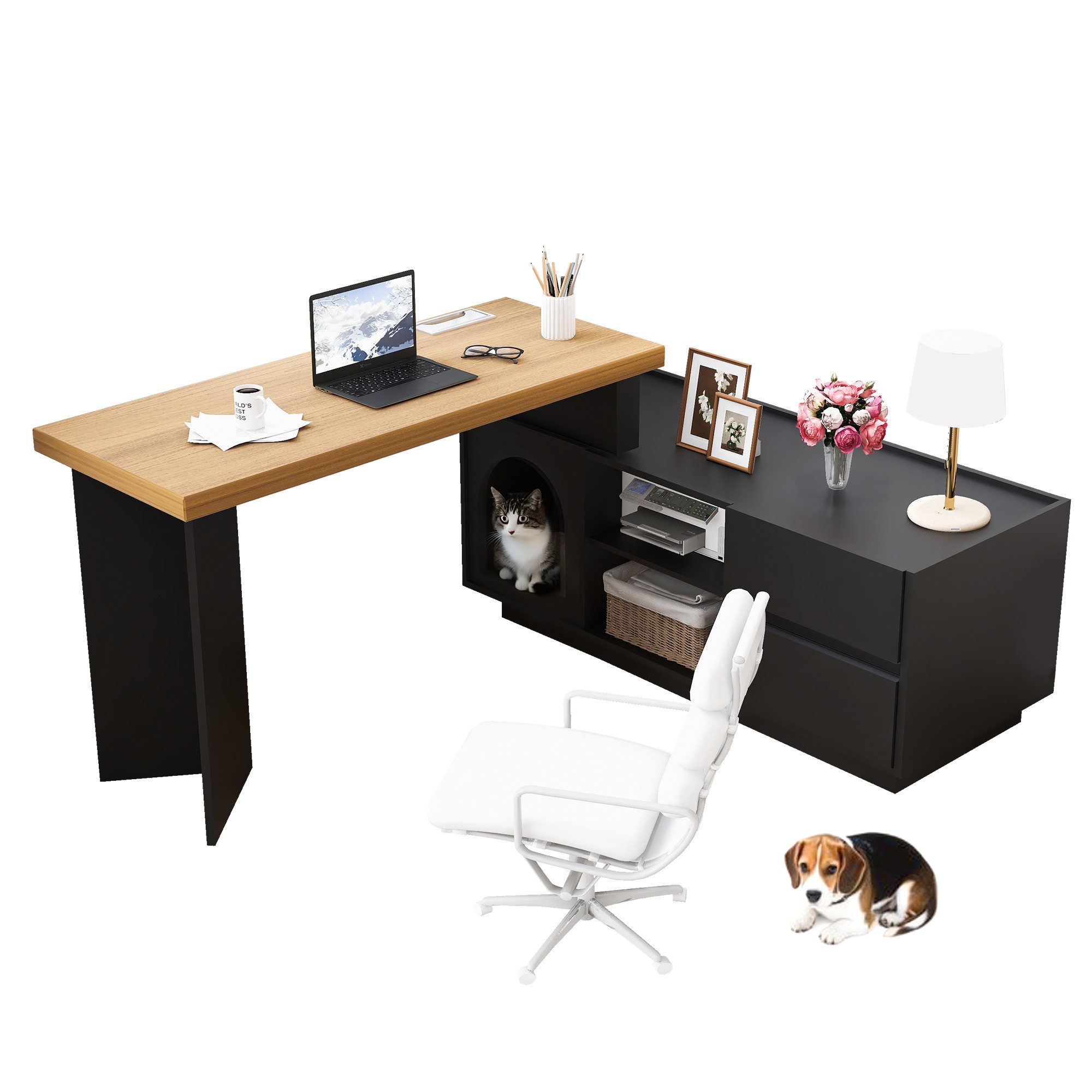 MODFU Eckschreibtisch mit Kuschelecke für Haustiere günstig online kaufen