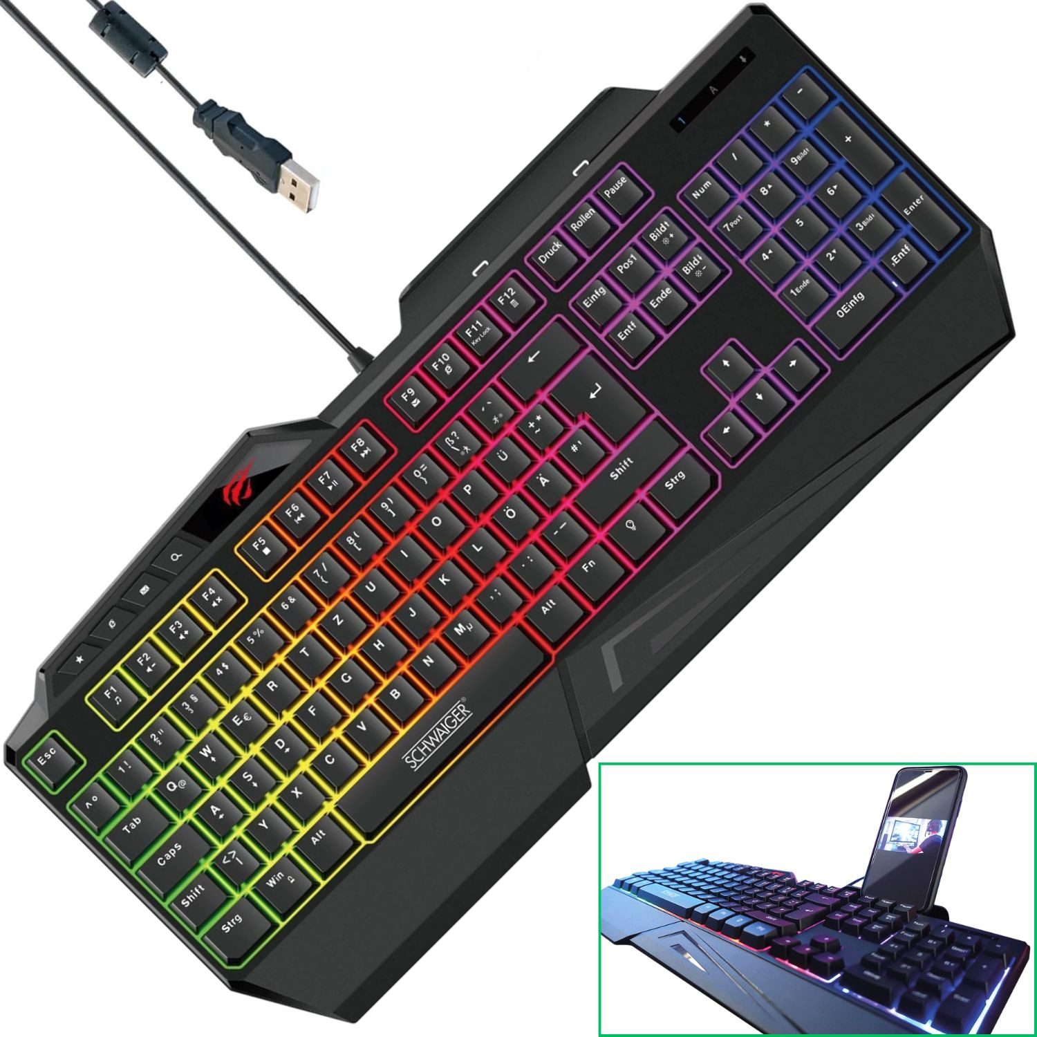Schwaiger Gaming Keyboard Tastatur GT108 RGB DE-Layout Gaming-Tastatur (RGB LED Beleuchtung beleuchtet Gamer Tastatur Smartphone Halterung)