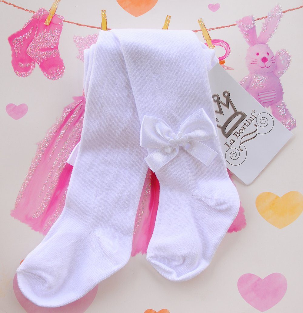 La Bortini Strumpfhose Strumpfhose in Weiß mit Schleifen Baby Kinder Strumpfhosen für Taufe elastisch, weich, 44 50 56 62 68 74 80 86 92 98 104 110