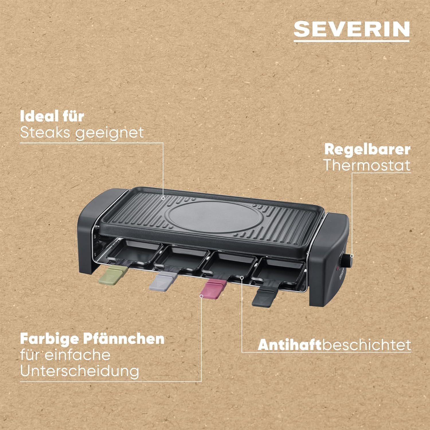 Severin Raclette Raclette-Grill, Raclette mit Pfännchen und Grillplatte 8 Raclette