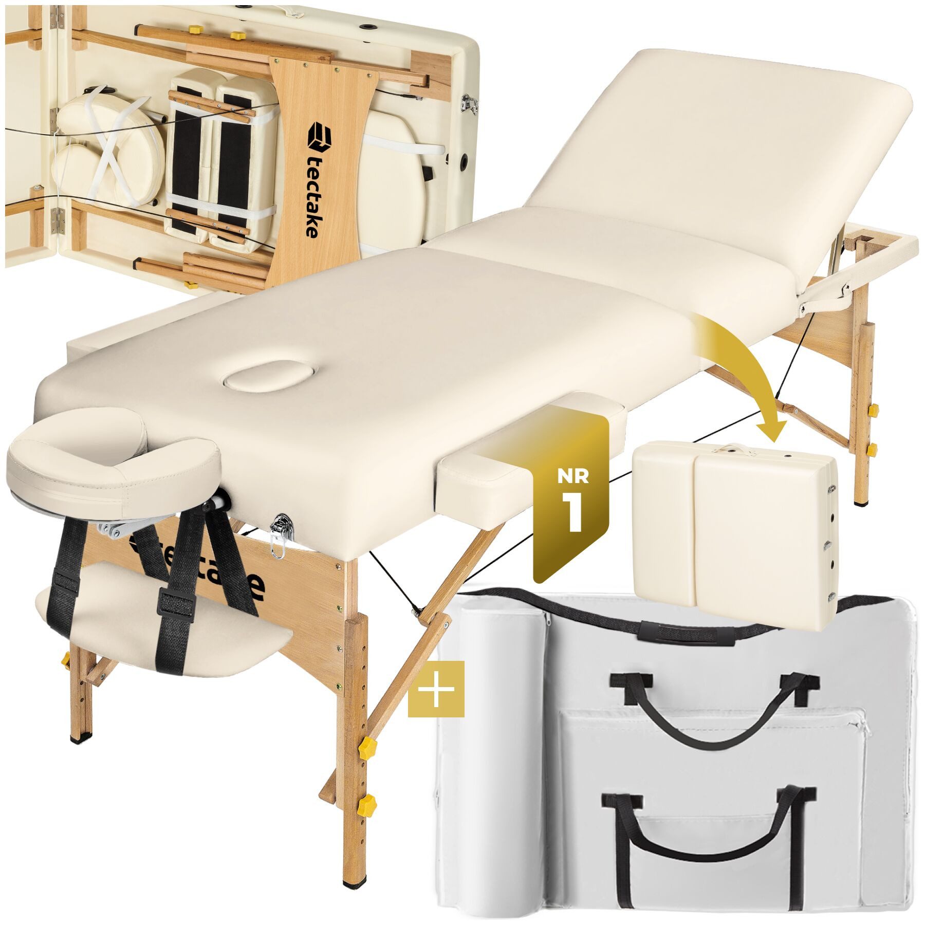 tectake Massageliege 3 zonen tragbare liege mit 10cm polsterung (praktische Massageliege, 1-St., in beige), holzgestell, belastbar bis 250 kg