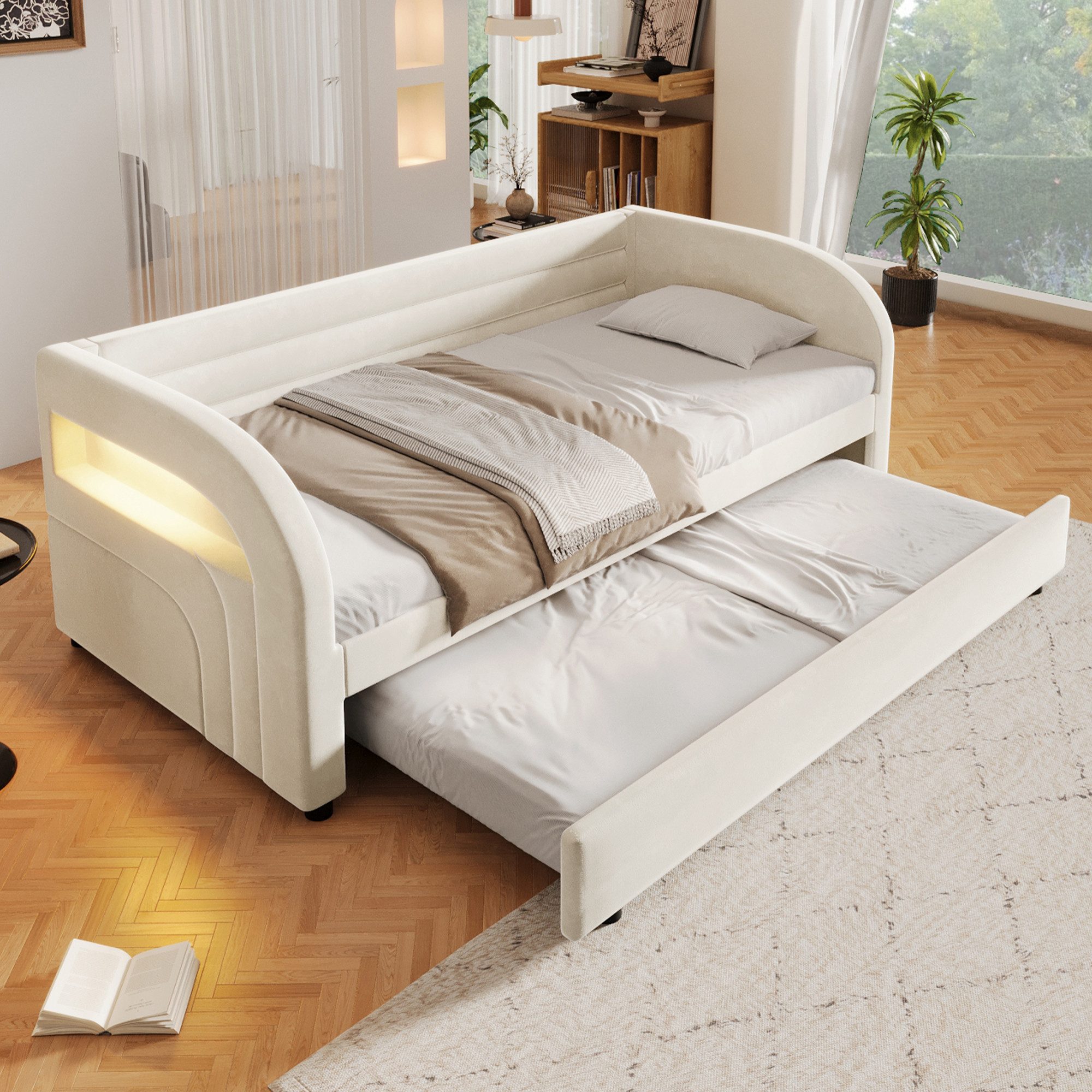 Flieks Daybett, Polsterbett 90x200cm mit Ausziehbett 90x190cm und LED-Beleuchtung