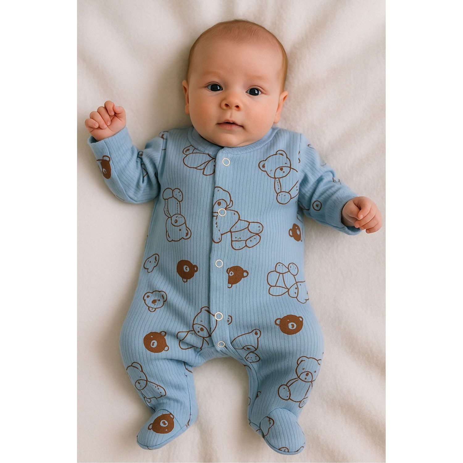 Jungengel Strampler Baby Langarm mit Füßchen Baumwolle Bärenmotiv Hellblau Unisex (Einzelartikel, 1 Baby Strampler) Neugeboren 0-3Monate, 100% Baumwolle, Atmungsaktiv, Extra Weich