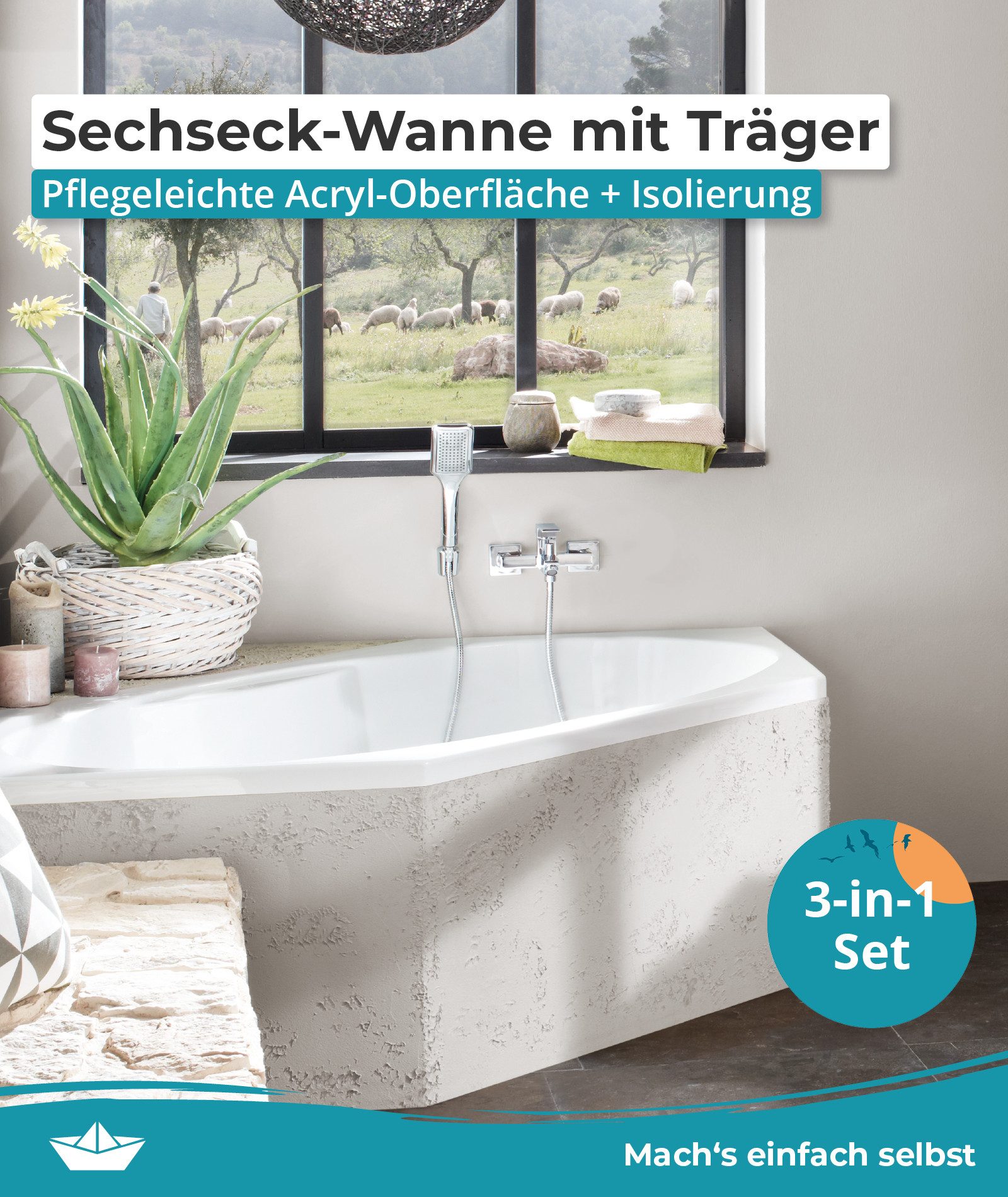 Calmwaters Badewanne Exclusive, Duowanne, 190 x 90 cm, Acryl, Wannenträger, Ablaufgarnitur, 99000014