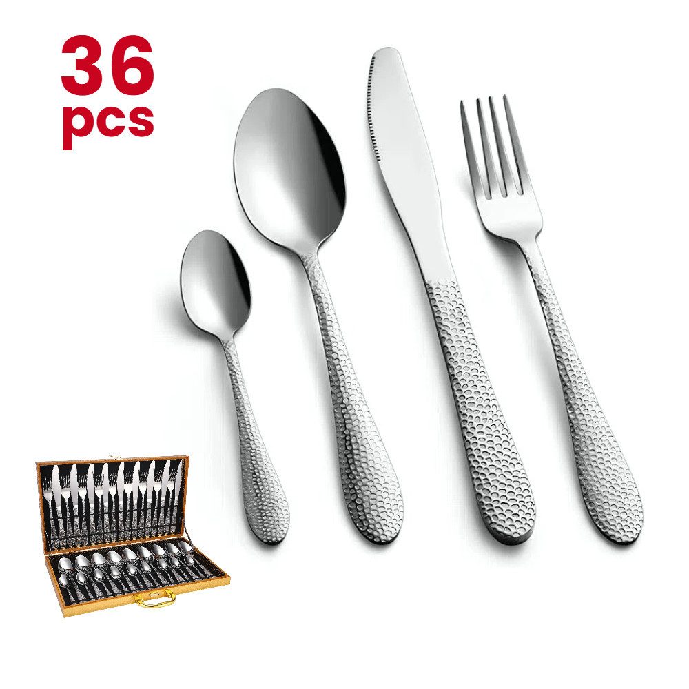 YNOFIT Besteck-Set 36 tlg gehämmertes Besteck mit edlem Holzkasten für 9 Personen, 9 Personen, Edelstahl, enthält Tafelmesser, Tafellöffel, Tafelgabel, Teelöffel