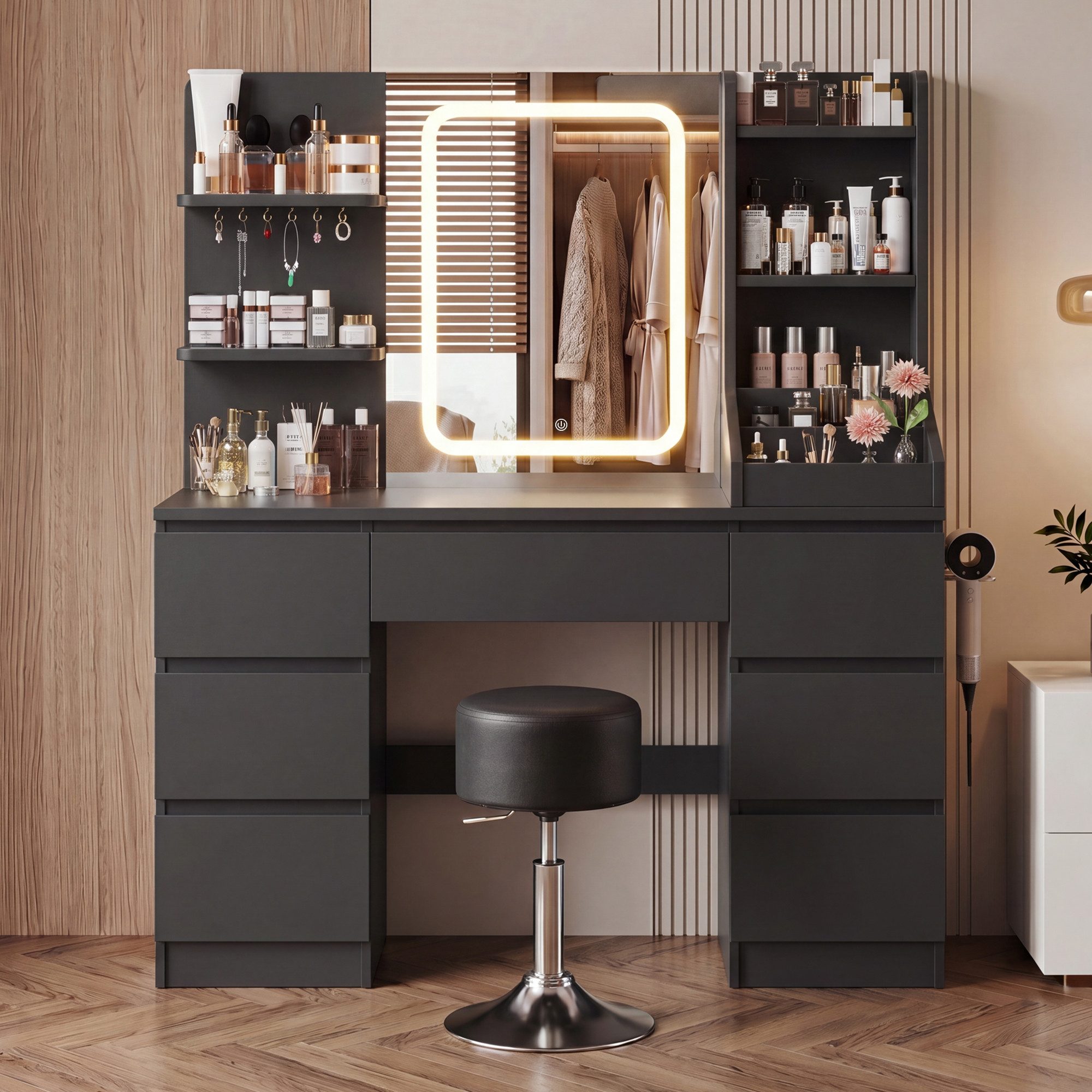 HOMALL Schminktisch Spiegel mit LED-Beleuchtung, 7 Schubladen (Maße: 110 × 40 × 139 cm, drei einstellbare Farbtemperaturen, mit 8 offenen Ablagefächern, 6 Schmuckhaken, 2 Steckdosen, 1 USB-Anschluss, 1 Typ-C-Anschluss und einer Haartrocknerhalterung)