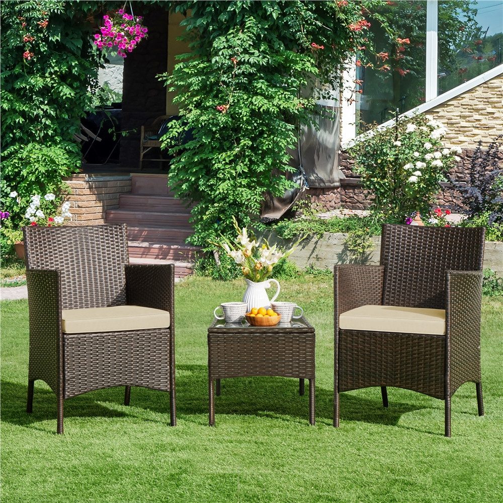 Yaheetech Balkonset Gartenmöbel-Set 3-Teilig in Rattanoptik für 2 Personen, Gartengarnitur inkl. 2 Stühle mit Kissen & Tisch mit Hartglasplatte
