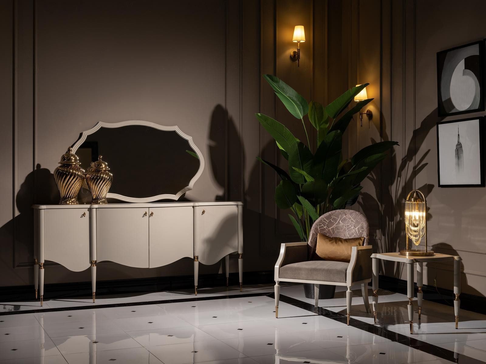 Sofa Beige Wohnzimmereinrichtung aus Holz und Textil mit Sessel und Tisch