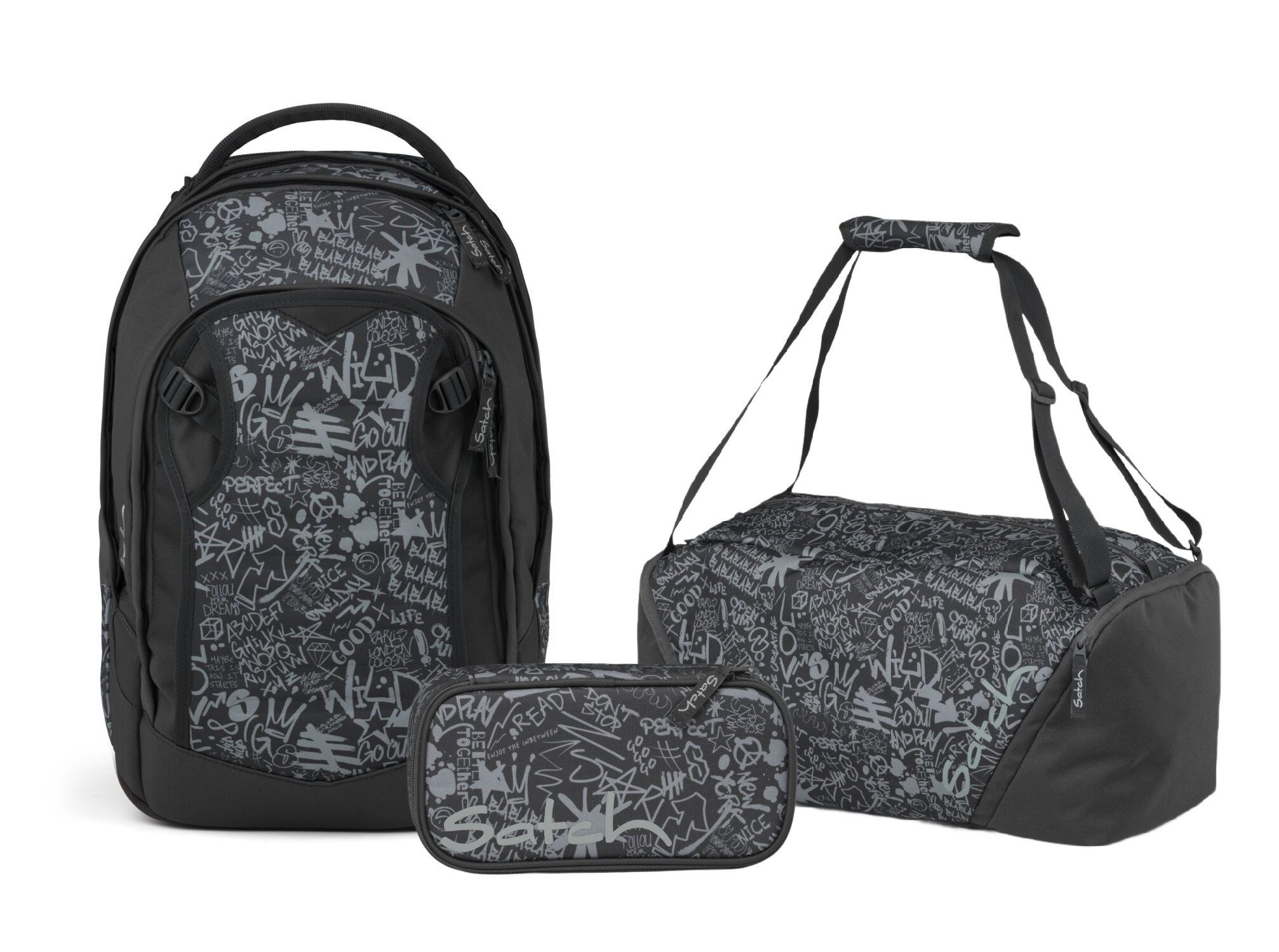 Satch Schulranzen Schulrucksack-Set MATCH PLUS Street Ink 3-teilig (3-teilig), Schulranzen, ergonomisch, 30 + 5 Liter, 4 Fächer