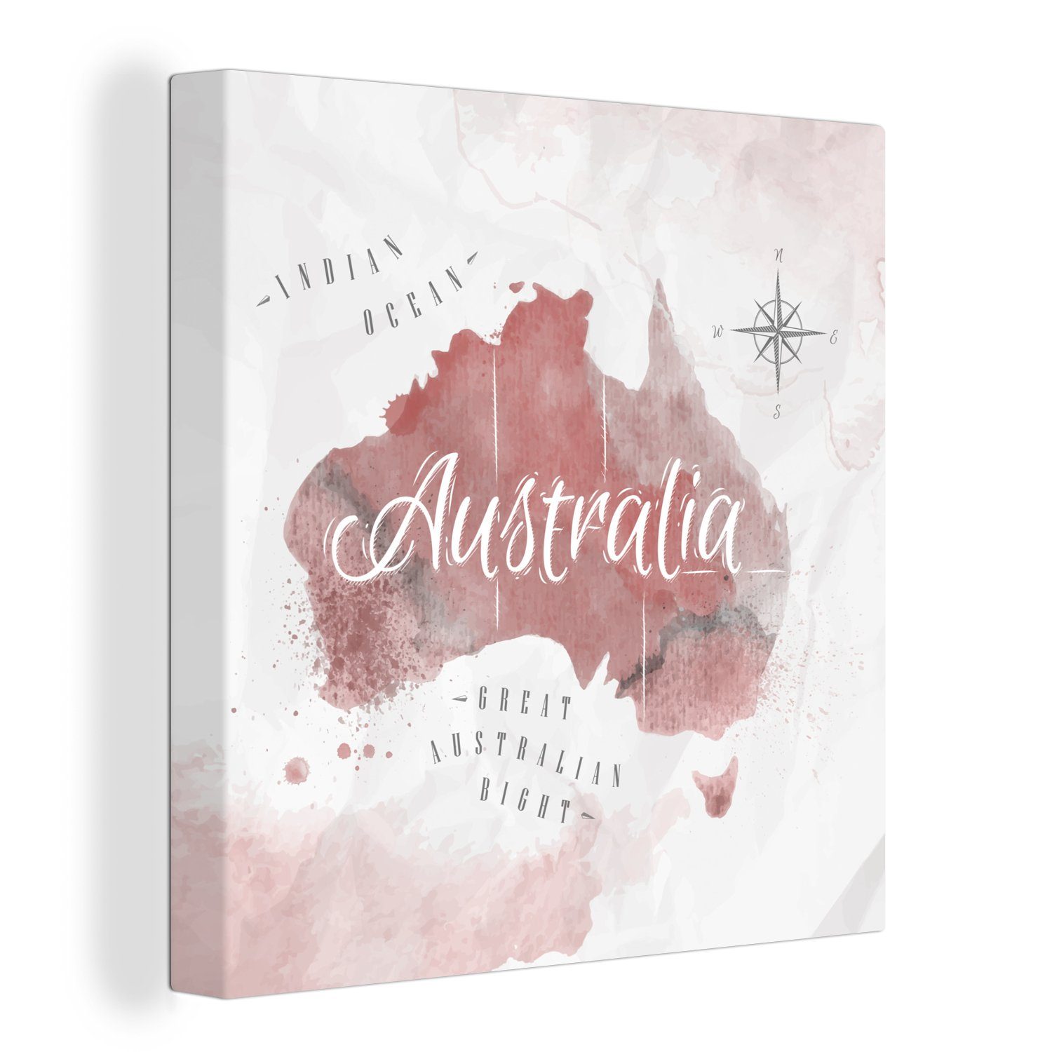 OneMillionCanvasses® Leinwandbild Karte - Australien - Aquarell - Kompass, (1 St), Leinwand Bilder für Wohnzimmer Schlafzimmer