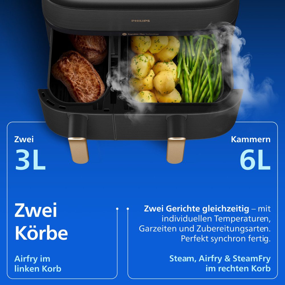 Philips Heißluftfritteuse NA552/00 Steam Airfryer 5000 Series Dual Basket 9L Kapazität (3L+6L), 2750 W, mit Dampfgar-Funktion; Silber/Edelstahl