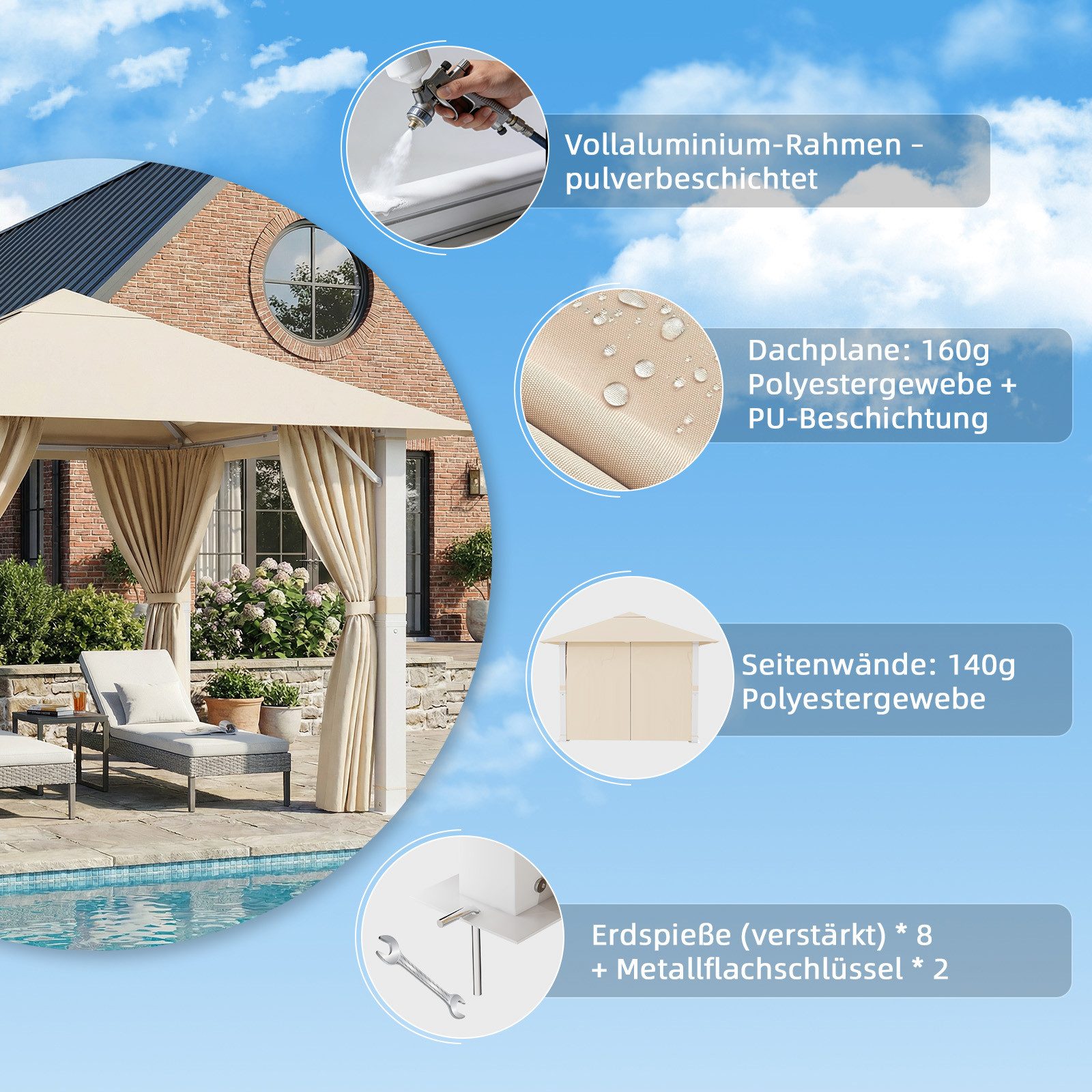 GUNJI Pavillon Großes 3*3m/3*4m wasserdichtes Gartenzelt Patio Gazebo Partyzelt, (Dickes Aluminiummaterial Rostfrei UV-beständig Kann 4-10 Personen beherbergen) – Bild 4 von 5
