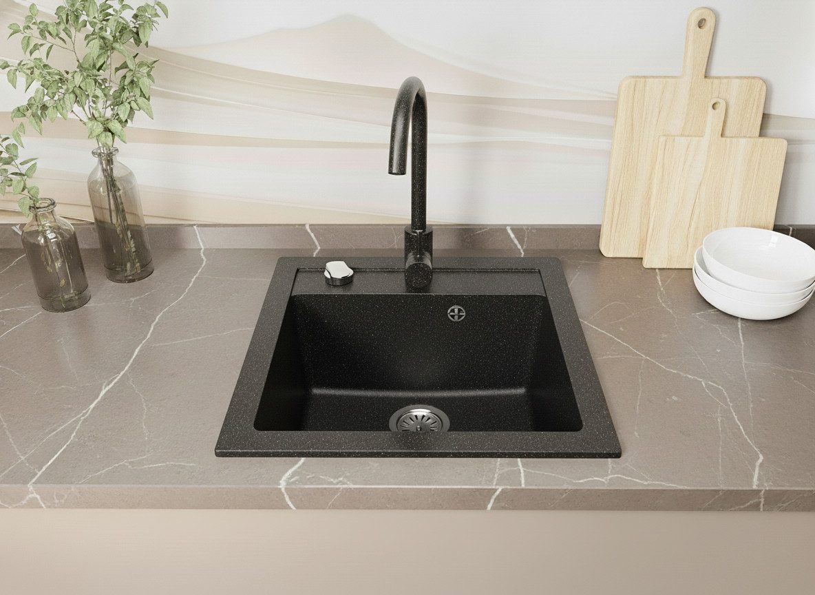 Faizee Möbel Granitspüle Granitspüle 49x52cm Küchenspüle inkl. Siphon Spülbecken Spüle, Eckig, 49/21 cm