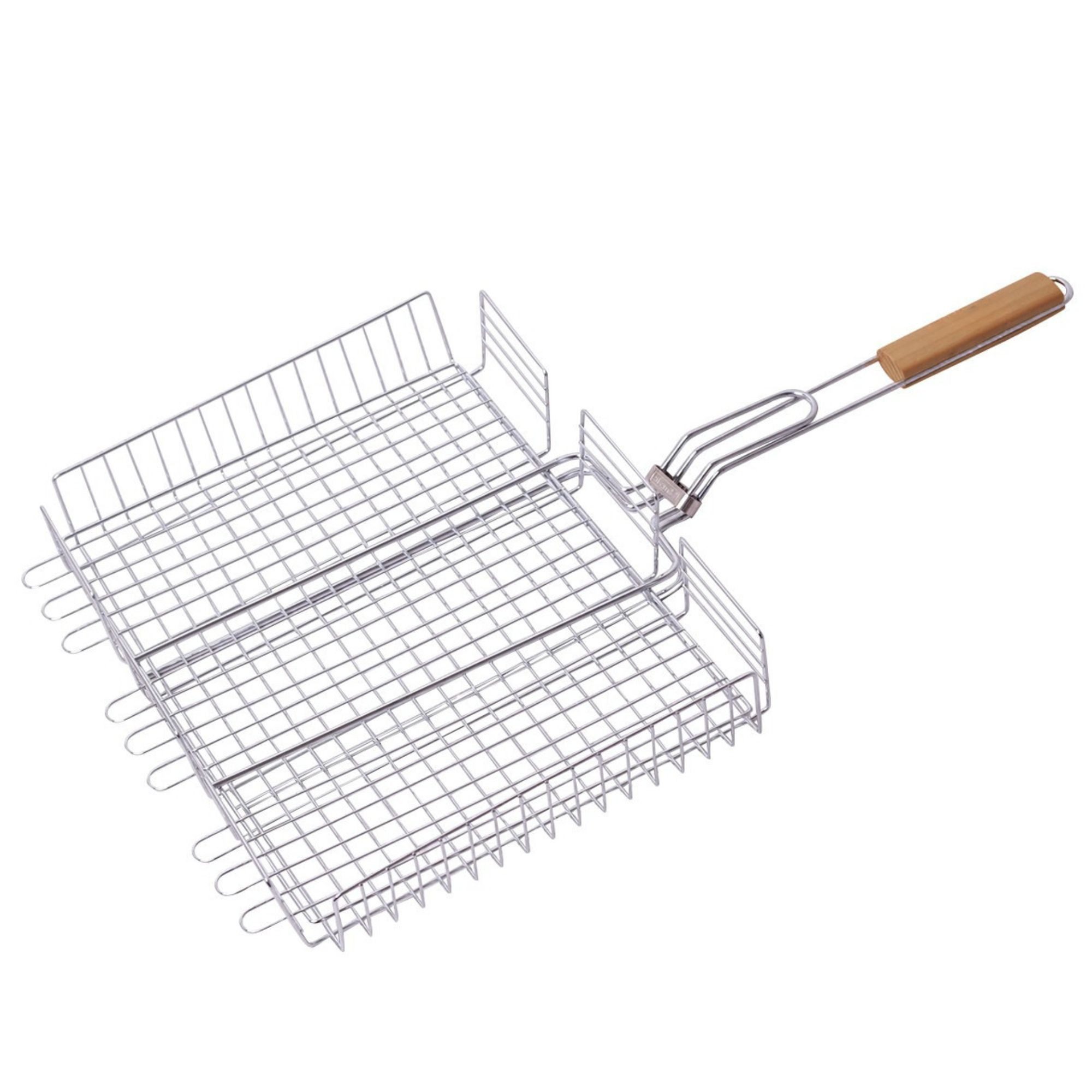BIG-PAN Warmhalte-Grillrost Edelstahl Grillrost 72 × 40 cm mit 6 cm Höhe und Holzgriff Grillkorb (Grillgitter BBQ Zubehör, für Fisch Gemüse Fleisch), für Holzkohlegrill & Feuerstelle mit Holzgriff