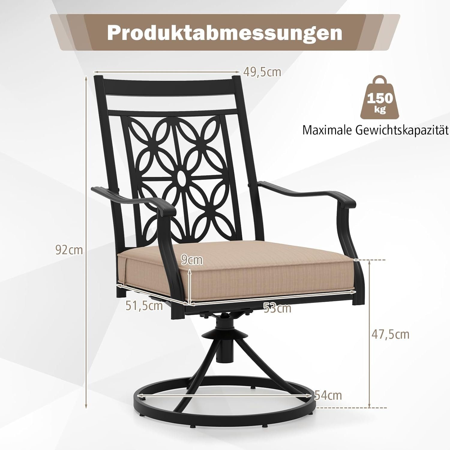 KOMFOTTEU Gartenstuhl Drehstuhl (2er Set), mit weichen Kissen & hohlem Muster, bis 150kg