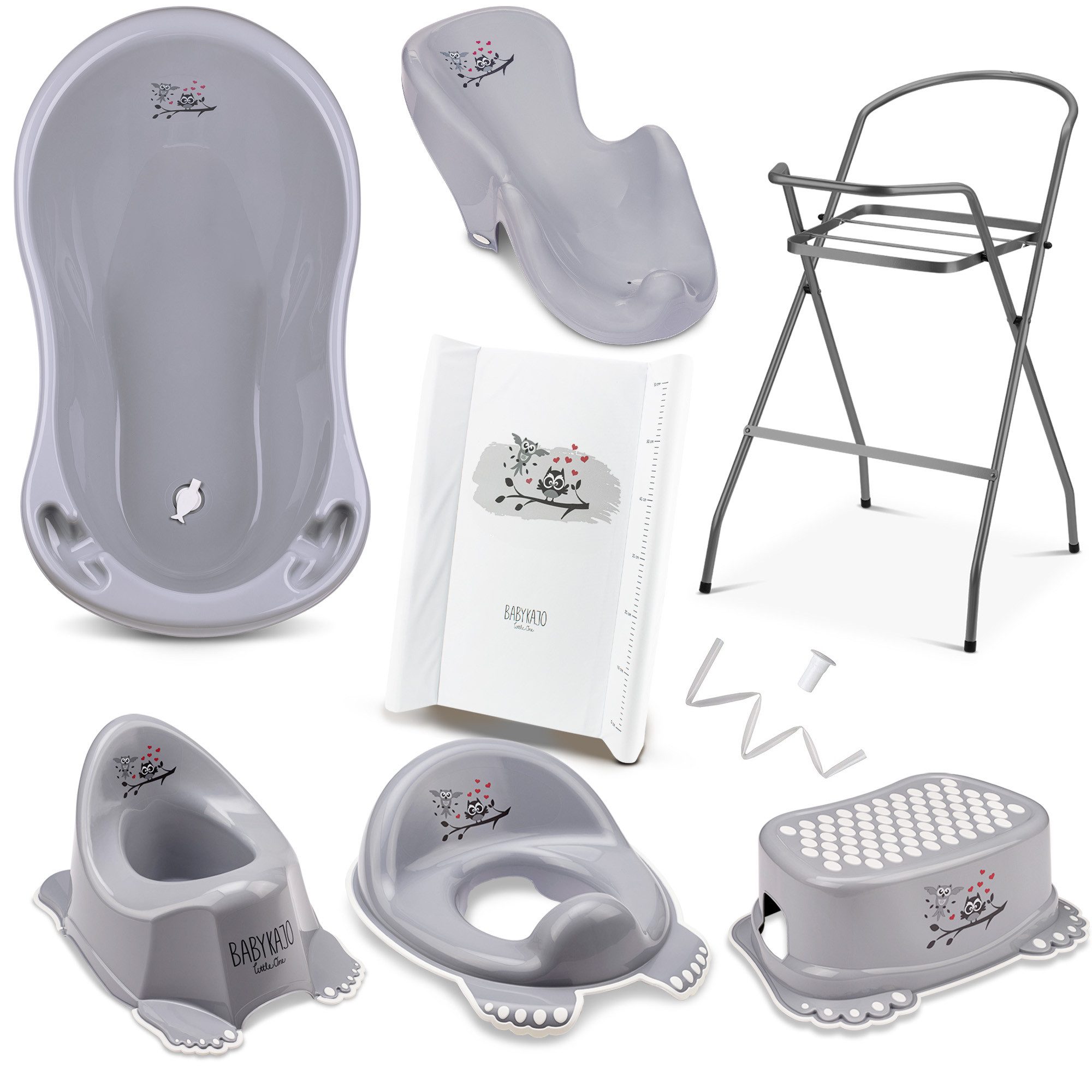 Babykajo Babybadewanne mit Ständer, (Set, 8-tlg), Wanne, Sitz, Wickelauflage, Gestell, Abfluss, Töpfchen, Hocker WC-sitz