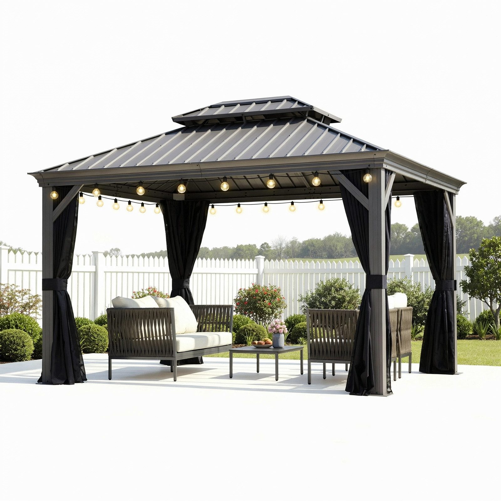 PURPLE LEAF Pavillon Hardtop Alu Gartenpavillon mit Seitenteilen und LED Lichterketten, Winterfester und wasserdichter Pavillon