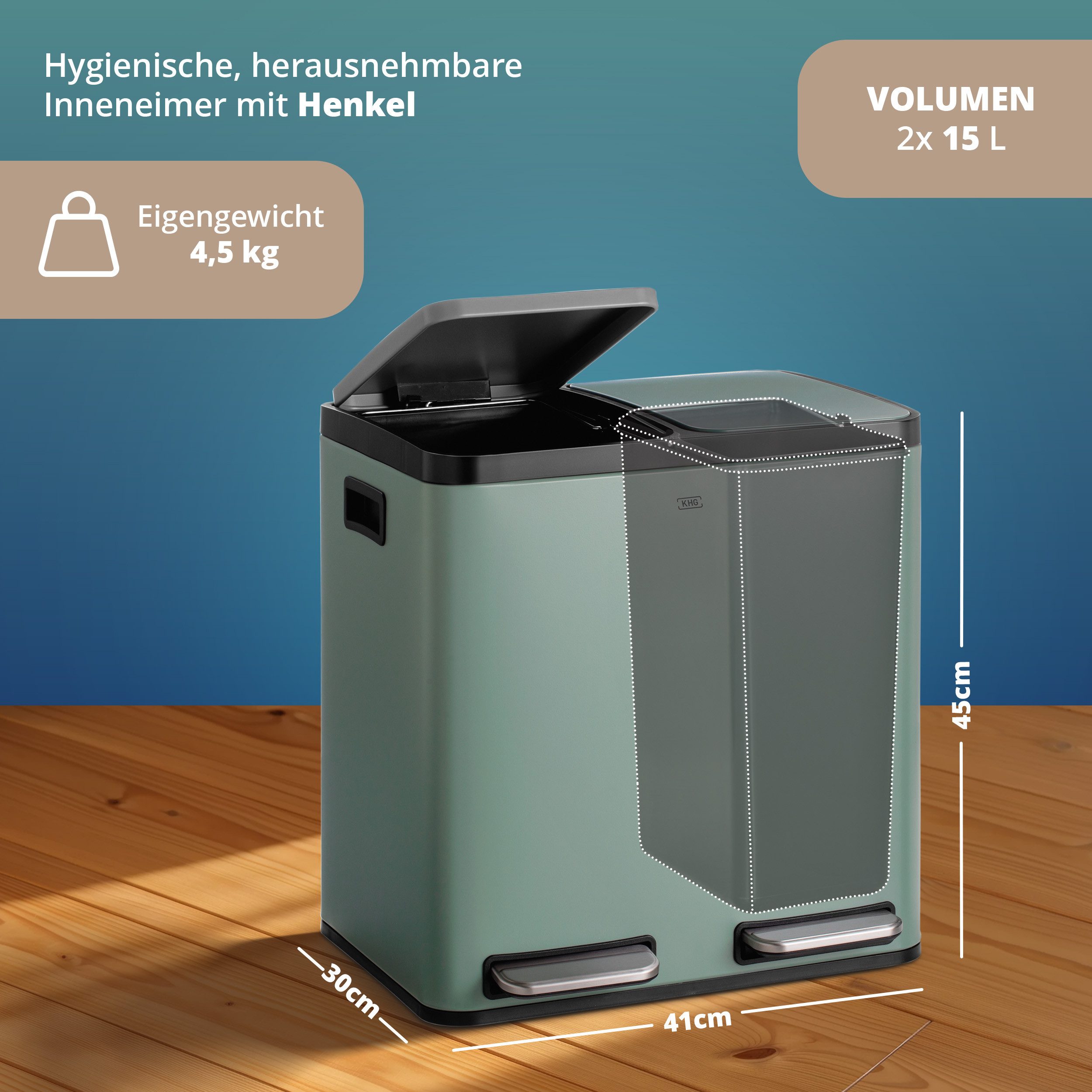 KHG Mülltrennsystem Mülleimer Grün pulverbeschichtet 30 Liter (2x15 L) Trittmechanismus, Metallgehäuse mit Griffmulden, herausnehmbare Kunststoff-Inneneimer