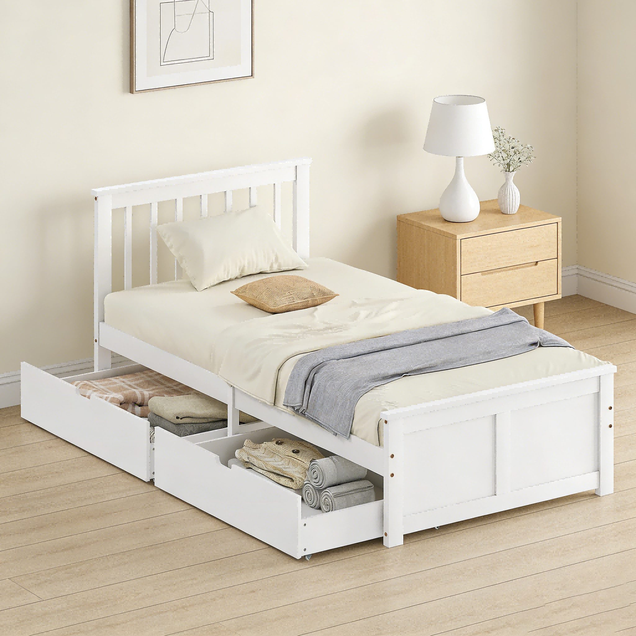 BlingBin Einzelbett Einzelbettgestell, Bettrahmen Holzbett mit Lattenrost und Schublade (1er Set, 1-tlg., 90 x 200 cm), 90 x 200 cm Bettgestell für Schlafzimmer, Gästezimmer