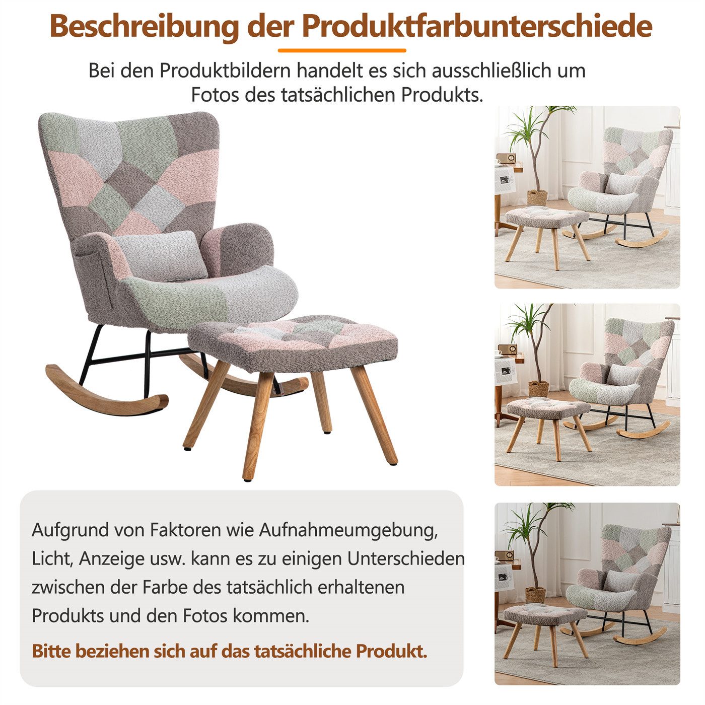 autolock Schaukelstuhl Bequemer Schaukelstuhl,Loungesessel,mit Fußstütze und Lendenkissen, 93*43*48cm,stabiles Gestell aus Gummibaumholz, mehrfarbiges Design