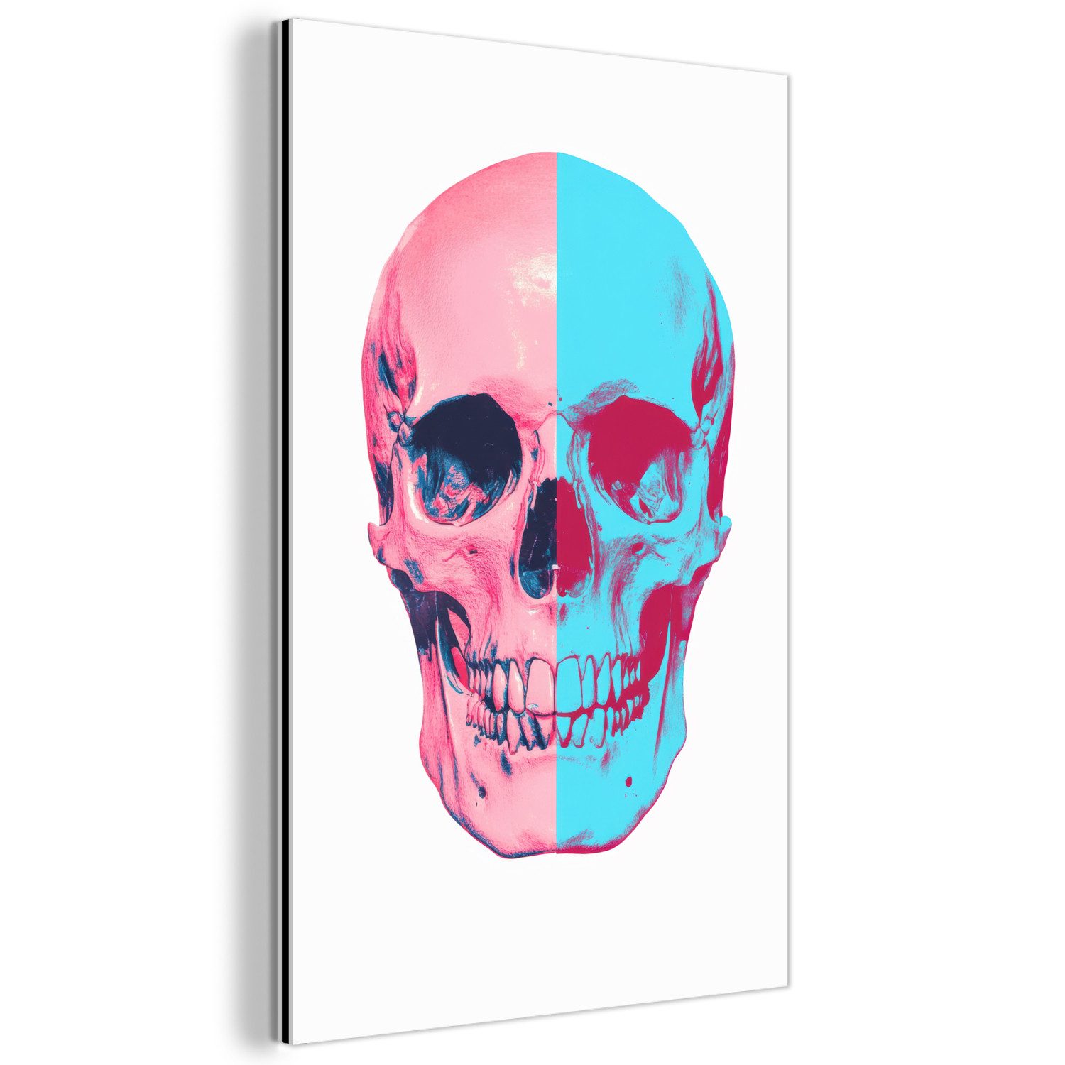 MuchoWow Metallbild Totenkopf - Grafik - Rosa - Geteilt, Inkl. Aufhängung, Alu-Dibond-Druck, Dekoration aus Metall, Aluminium deko, 80x120 cm