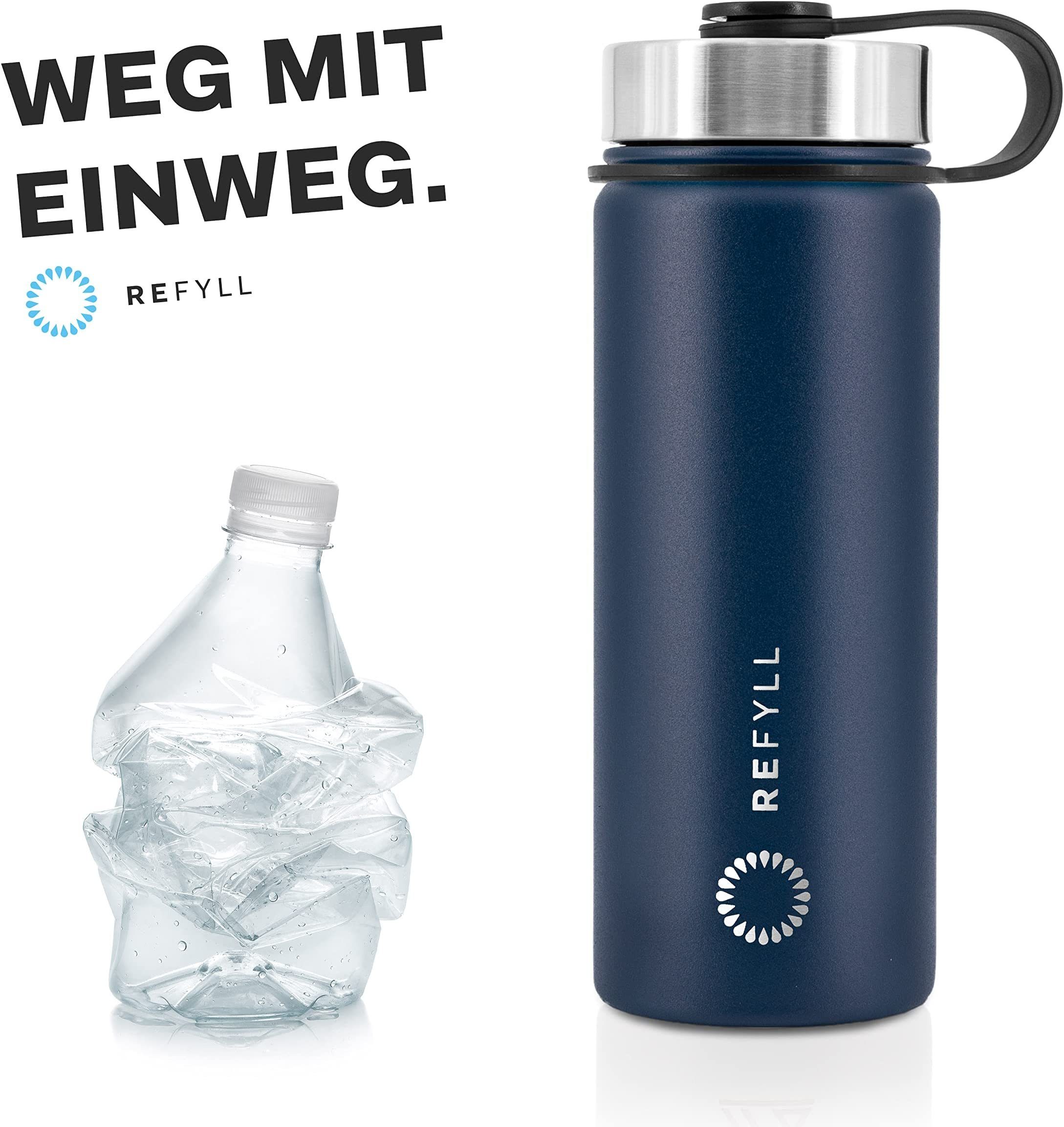 REFYLL Isolierflasche Trinkflasche Edelstahl “easyFYLL” für 500ml Wandern, Trekking Premium 500ml Thermoflasche Fitness, 1000ml, Fahrrad, Blue Space & 
