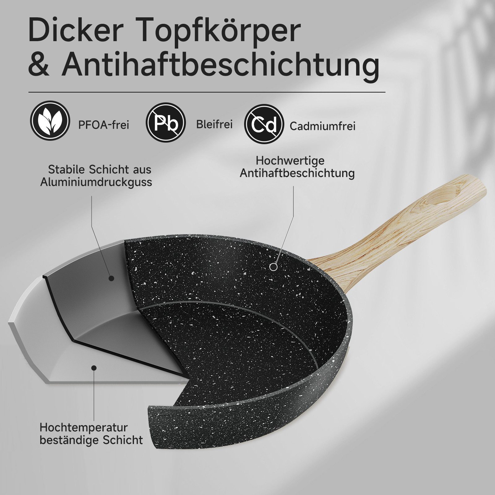 HOMELUX Topf-Set Schwarz Induktions Töpfe Set mit Antihaftbeschichtung, Holzmaserung, Aluminium (Kochtopf 16/24 cm, Bratpfanne 24/28/28 cm + 3-tlg. Küchenhelfer-Set, 12-tlg., Topfset/Pfannensets), Induktion