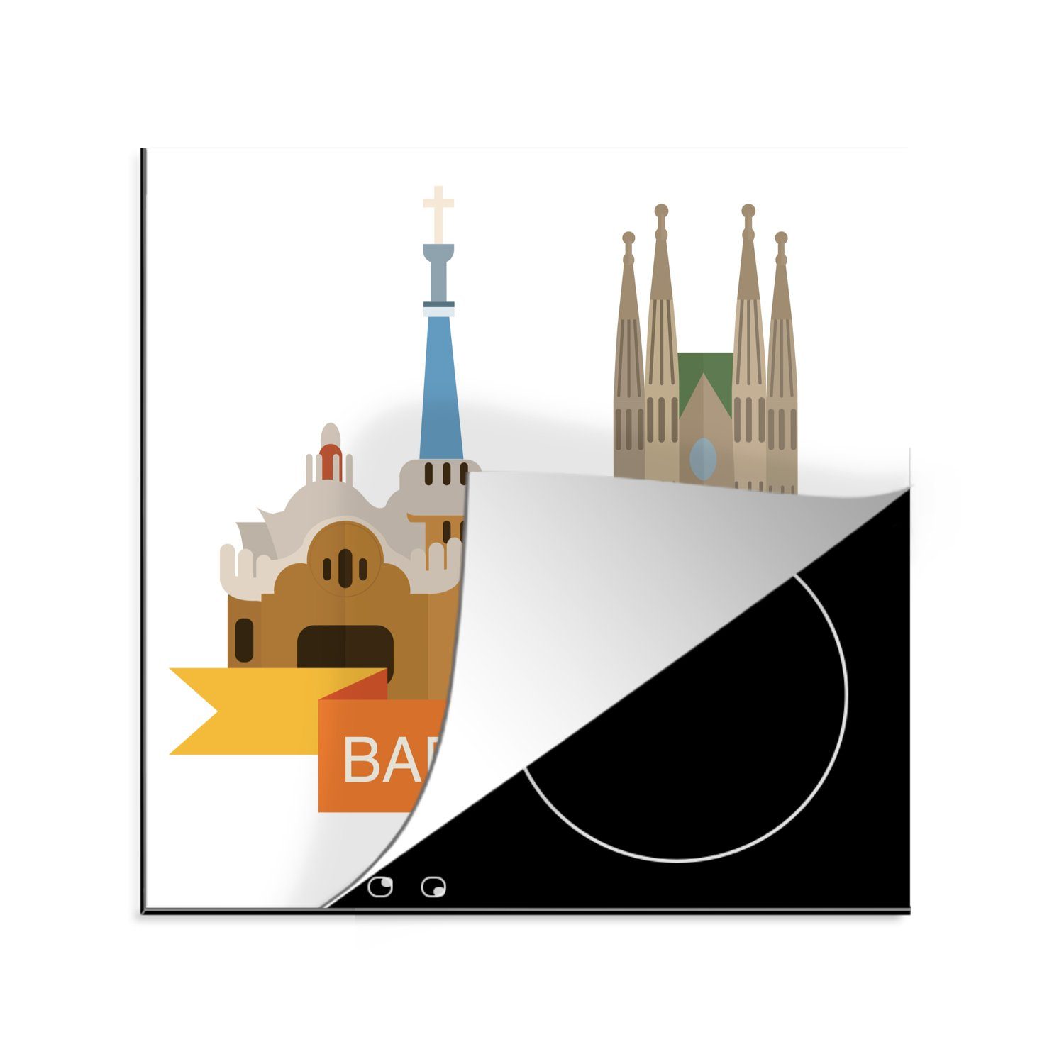 MuchoWow Herdblende-/Abdeckplatte Eine Illustration des Stadtbilds von Barcelona, Vinyl, (1 tlg), 78x78 cm, Ceranfeldabdeckung, Arbeitsplatte für küche