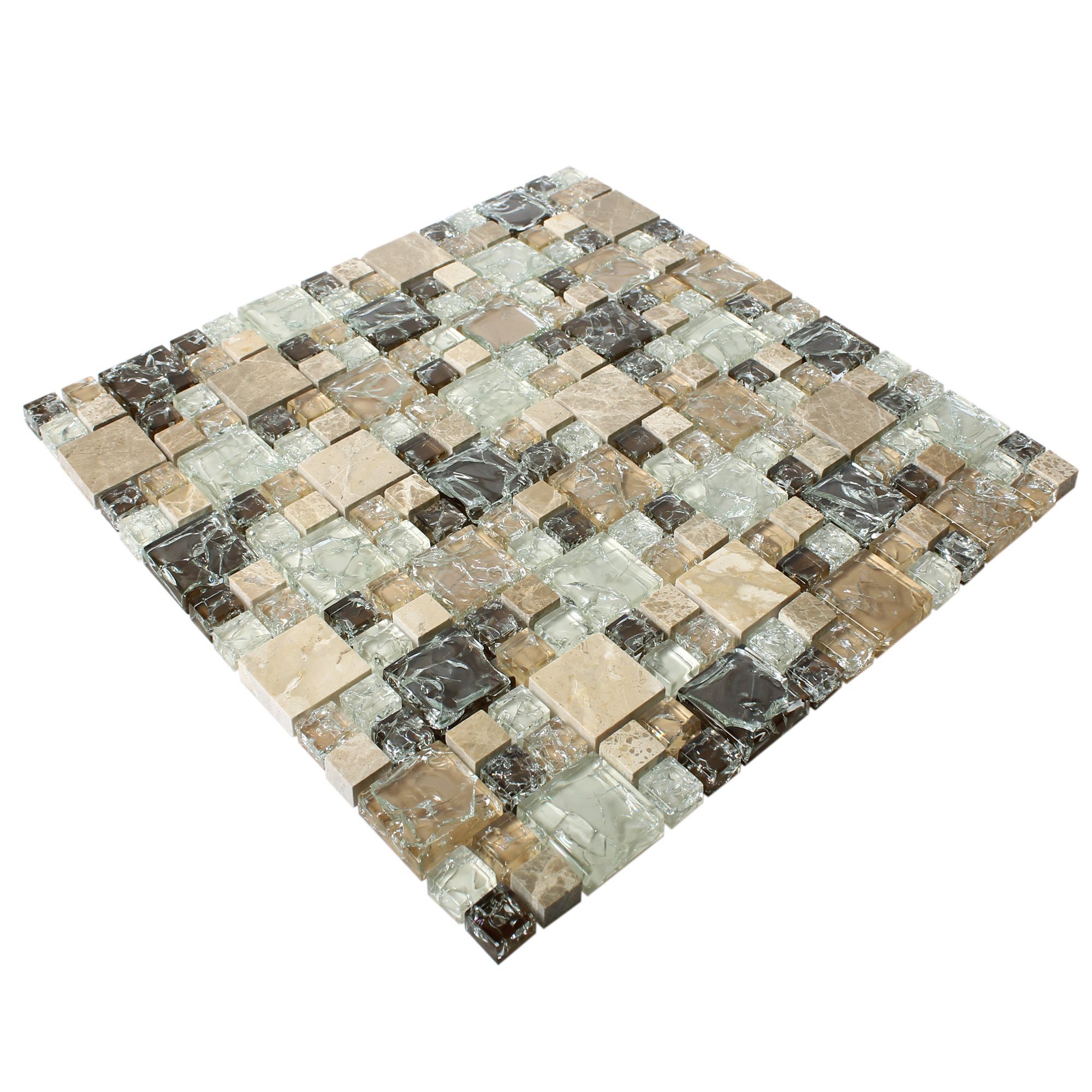 Mosafil Mosaikfliesen Glas Marmor Mosaikfliesen Malawi Bruchglas 2 Mix, Naturstein-Glas-Marmor 30.500x30.500, beige-braun, Verlegefertig auf ein Netz geklebt - Frostsicher - Wasserfest