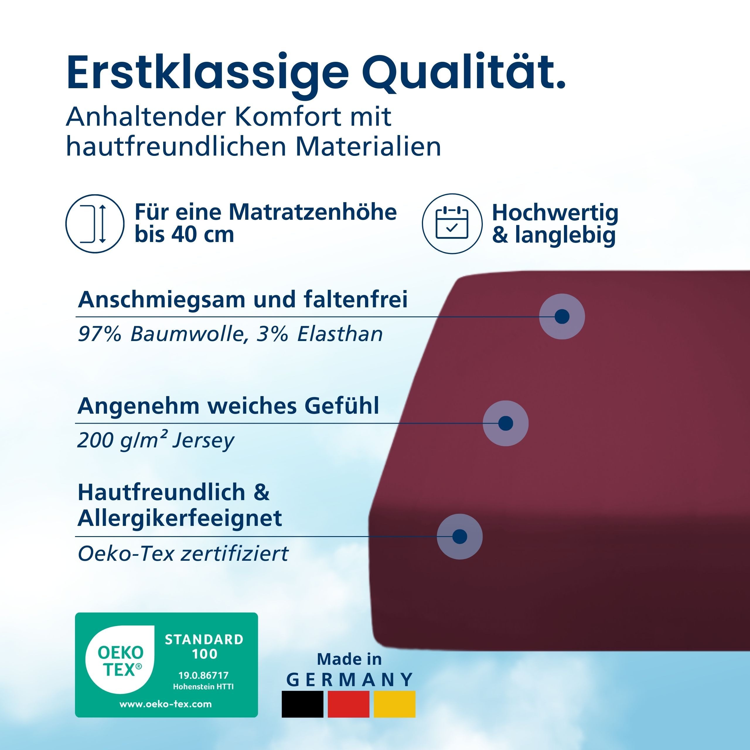 AM Qualitätsmatratzen Spannbettlaken Baumwolle in bordeaux, Bettlaken für Boxspringbetten, Made in Germany, Baumwolle, Gummizug: rundum, (1 Stück), 100x200x40