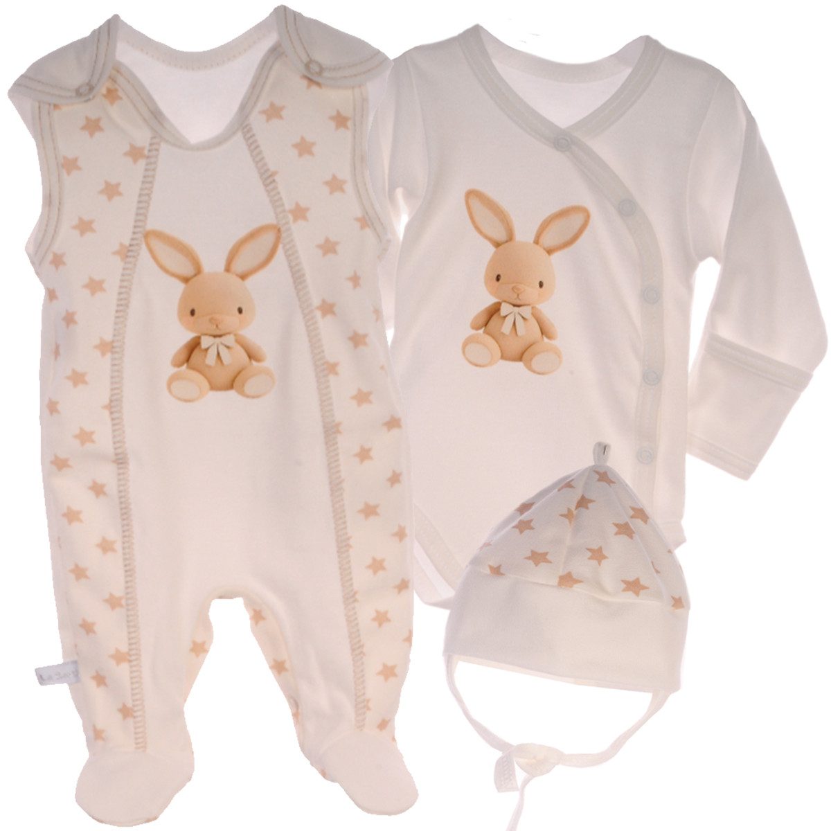 Strampler Wickelbody Stramplerhose Mütze Baby Anzug Set in Creme