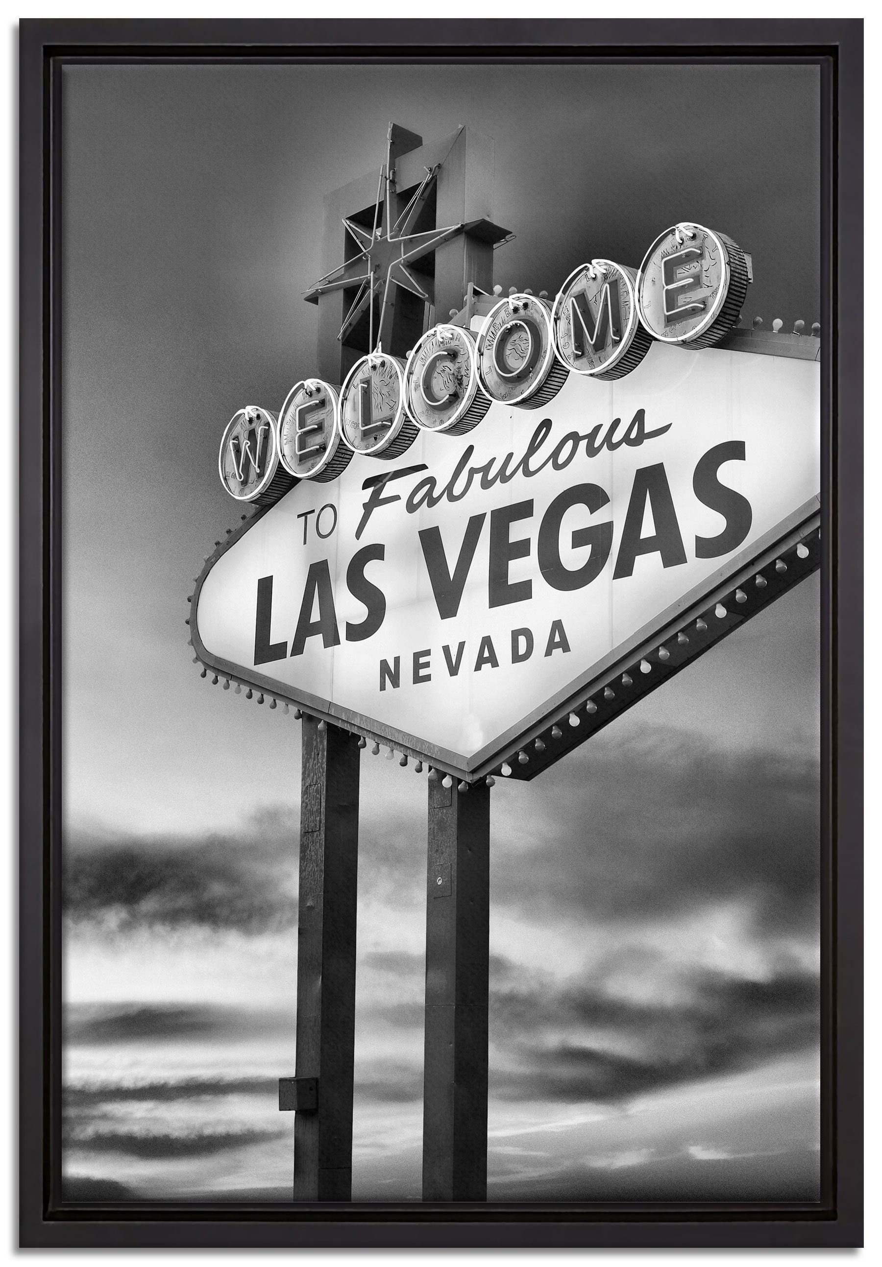 Pixxprint Leinwandbild Las Vegas Schild in der Dämmerung, Wanddekoration (1 St), Leinwandbild fertig bespannt, in einem Schattenfugen-Bilderrahmen gefasst, inkl. Zackenaufhänger