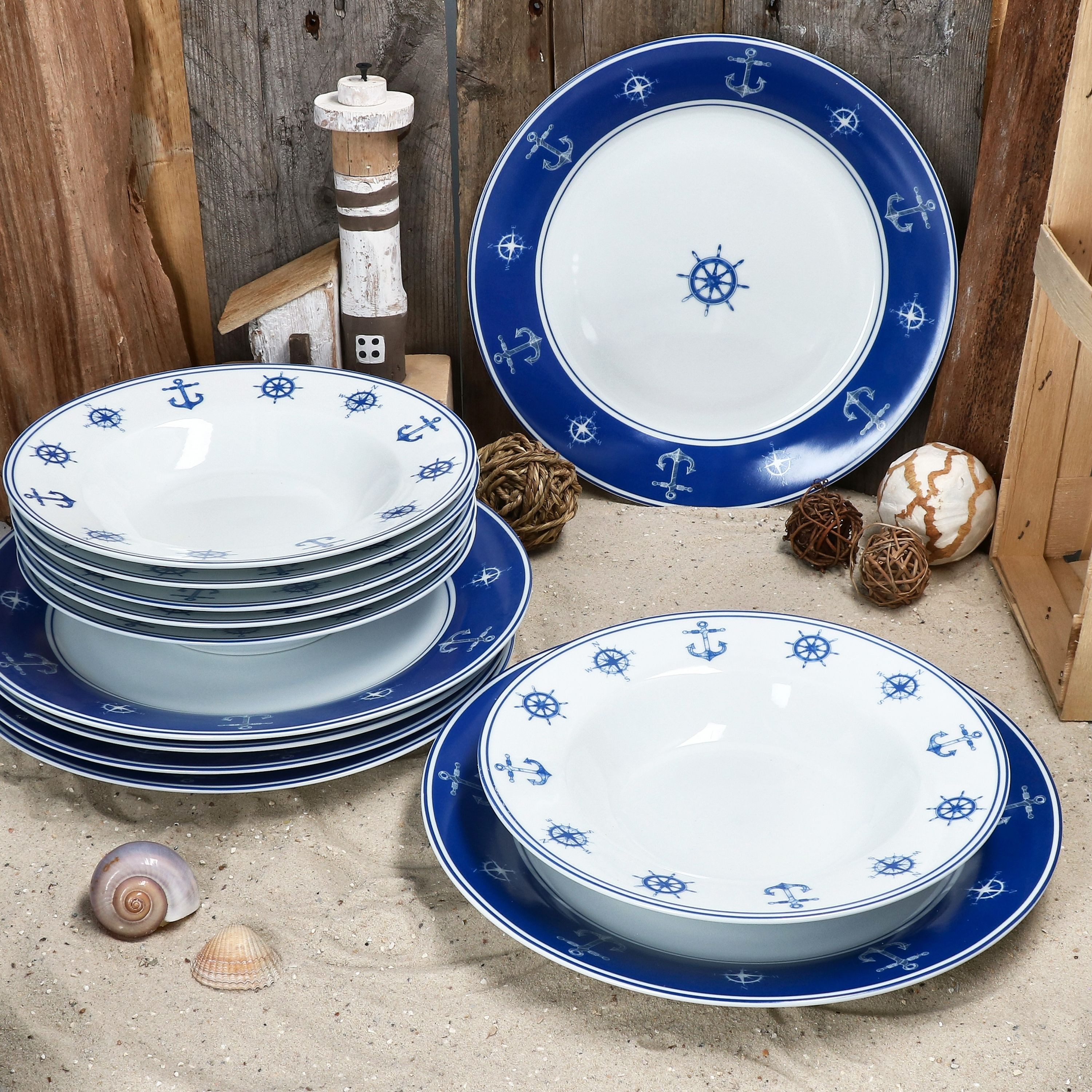 MamboCat Tafelservice Ahoi 12tlg Tafelservice Porzellan 6 Pers Essteller Suppenteller Anker, Porzellan