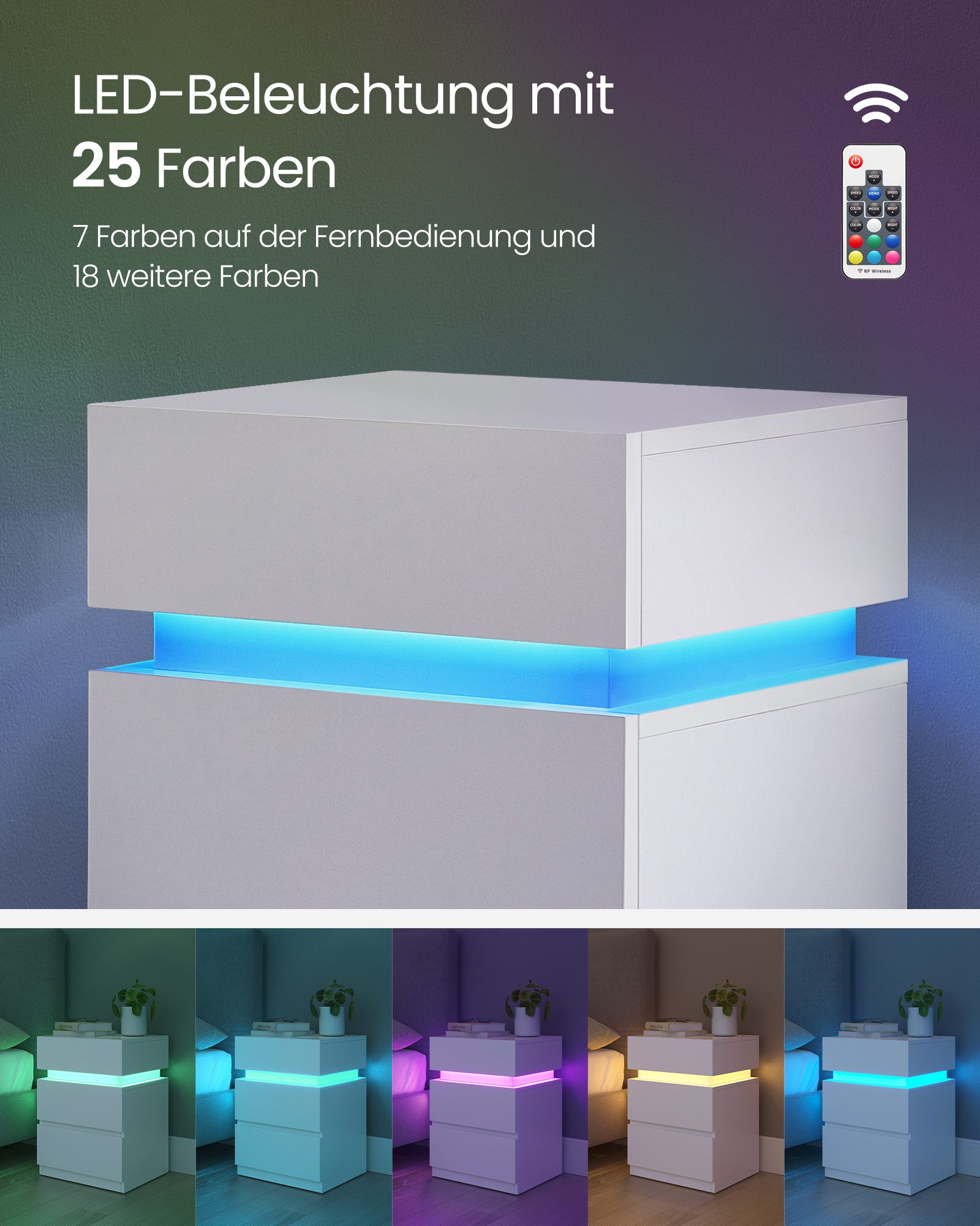 VASAGLE Nachttisch 1/2er Set Beistelltisch mit Steckdosen, 3 Schubladen (1-St), 40 x 35 x 55 cm, LED-Beleuchtung, modern, Schiebedeckel, kleiner Tisch – Bild 3 von 5
