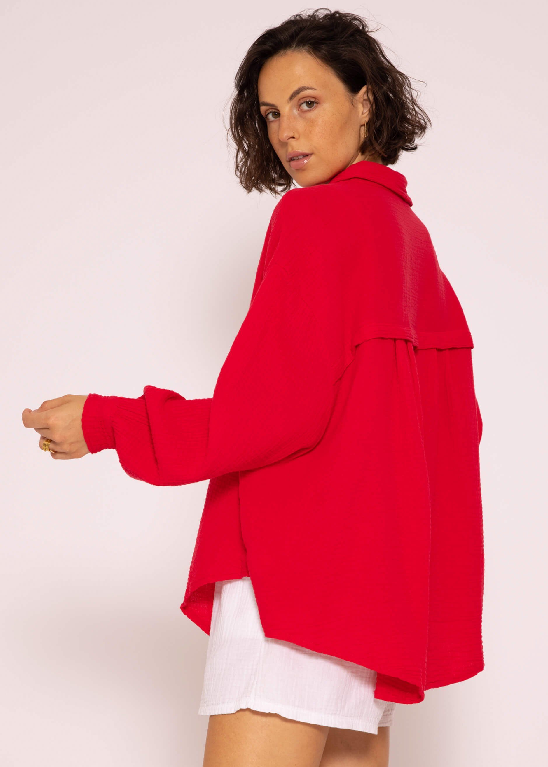 SASSYCLASSY Longbluse Oversize Musselin Hemdbluse Bluse V-Ausschnitt, Size 36-48) (Gr. mit Baumwolle One lang Damen aus Rot Langarm