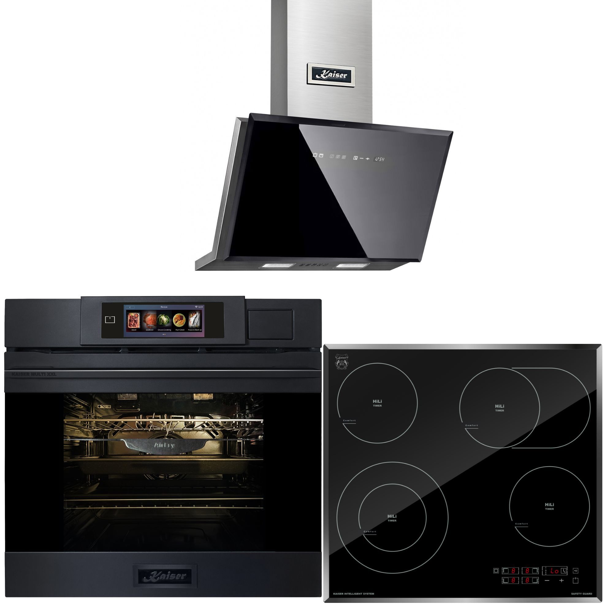 Kaiser Küchengeräte Backofen-Set Herd Set Autark XXL Multi 37,Multifunktions-Elektro-Dampfbackofen mit Dampfreinigung, 60 cm+Glaskeramik Kochfeld 60cm Schwarz glas Facettenschliff-Kanten+Dunstabzugshaube 60 cm, Edelstahl, 1250m³/h EH 6341+KCT 6115 F+AT 6430 F ECO, mit 1-fach-Teleskopauszug