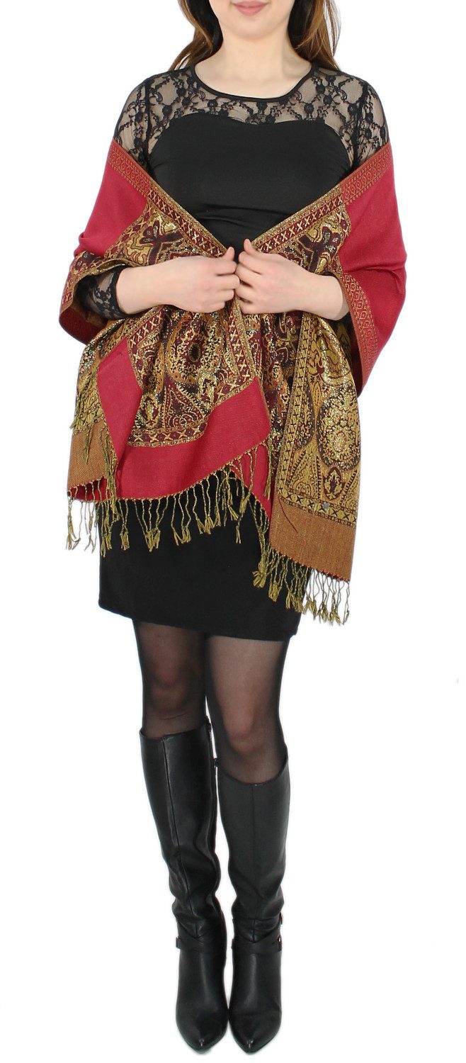 dy_mode Modeschal Elegante Damen Stola Schal Halstuch mit goldfarbenem Glanzfaden, mit Fransen