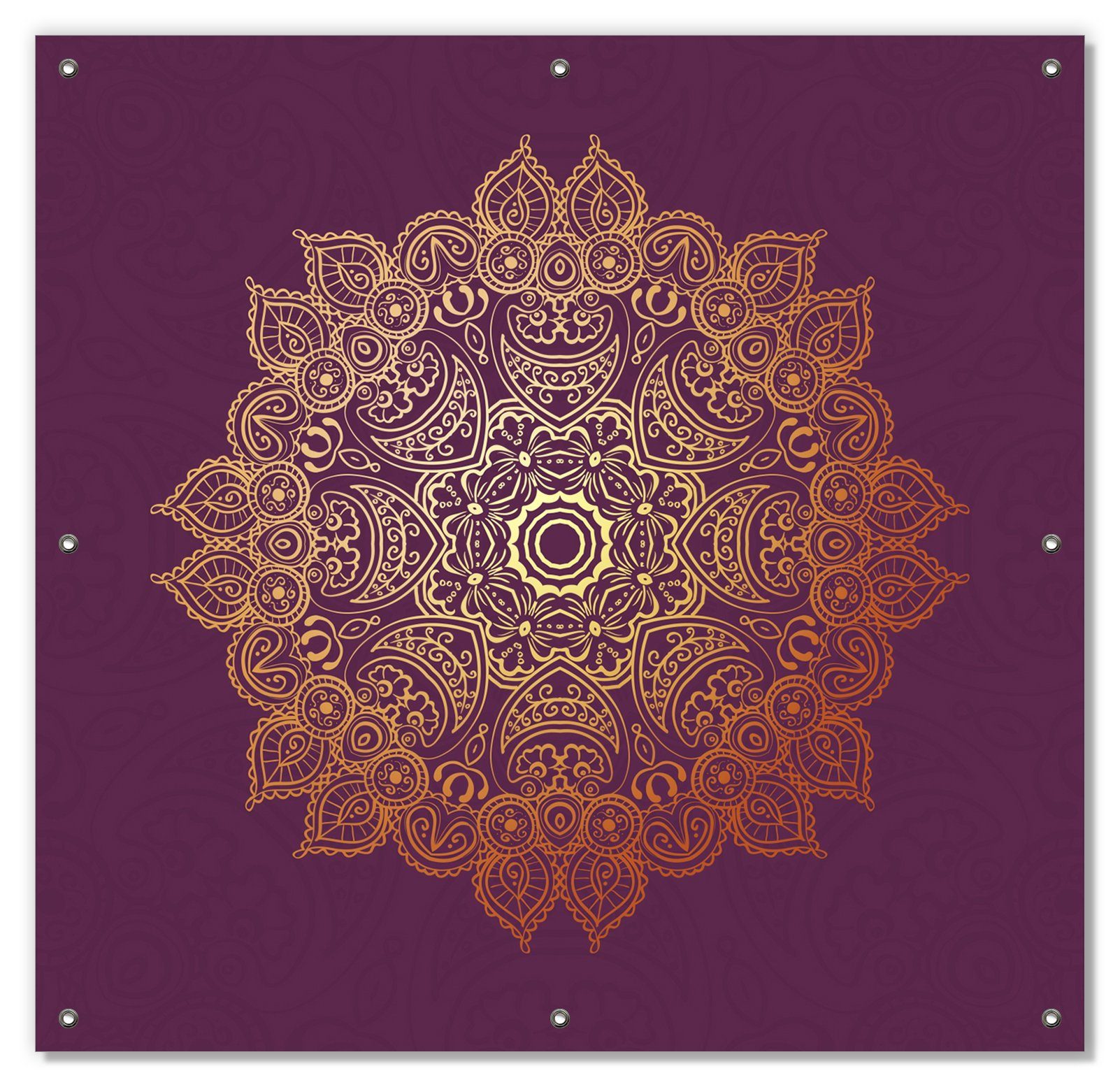 Sonnenschutz goldenes Mandala auf violettem Hintergrund, Wallario, blickdicht, mit Saugnäpfen, wiederablösbar und wiederverwendbar