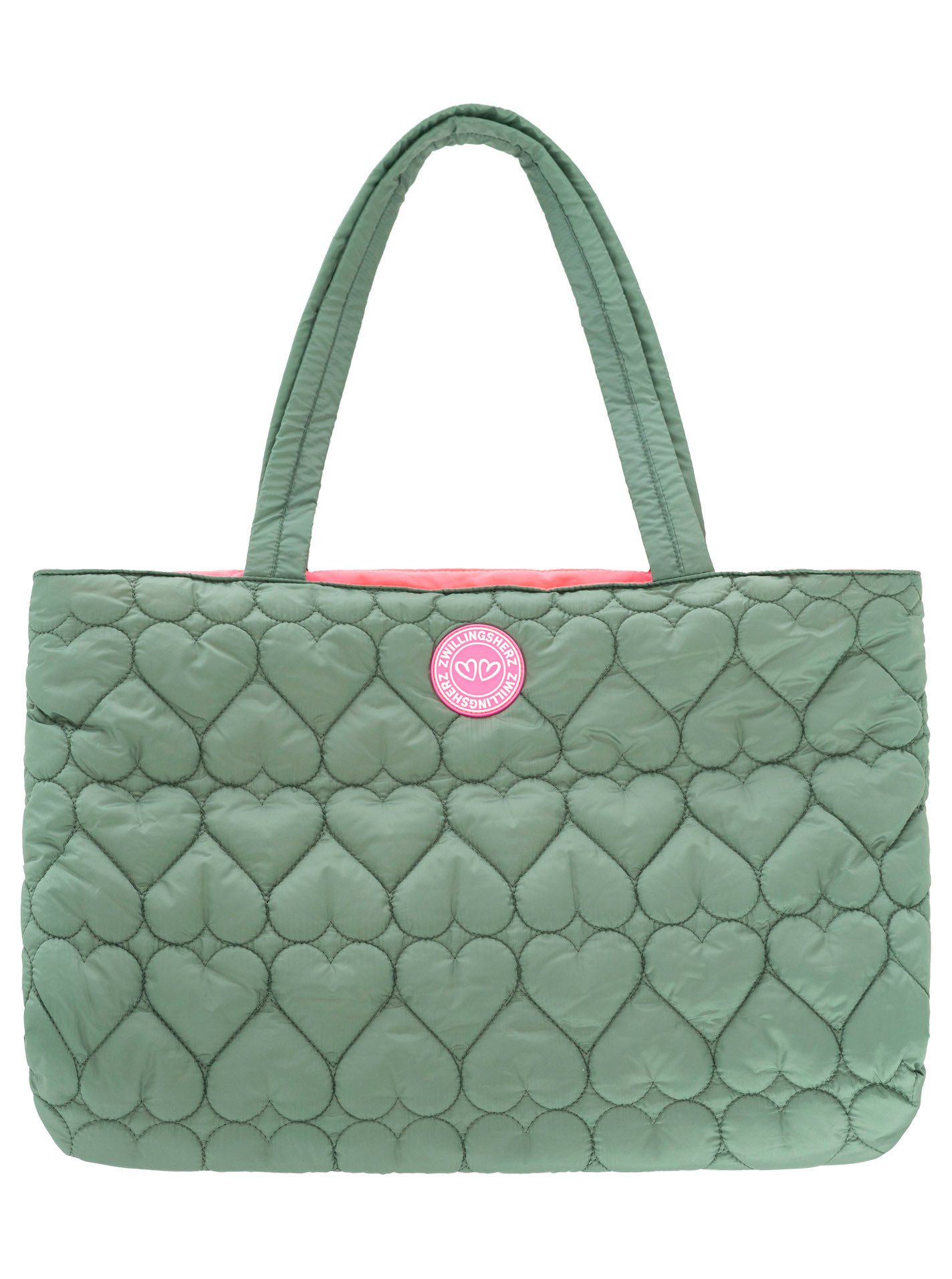 Zwillingsherz Shopper "Herzsteppung", Herzsteppung, langer Schulterriemen, pinkes Logo-Patch und Innenfutter