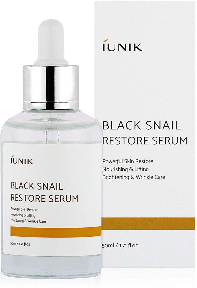 iUnik Gesichtsserum BLACK SNAIL RESTORE SERUM, erhöht die Hautelastizität, stärkt und nährt die Haut.