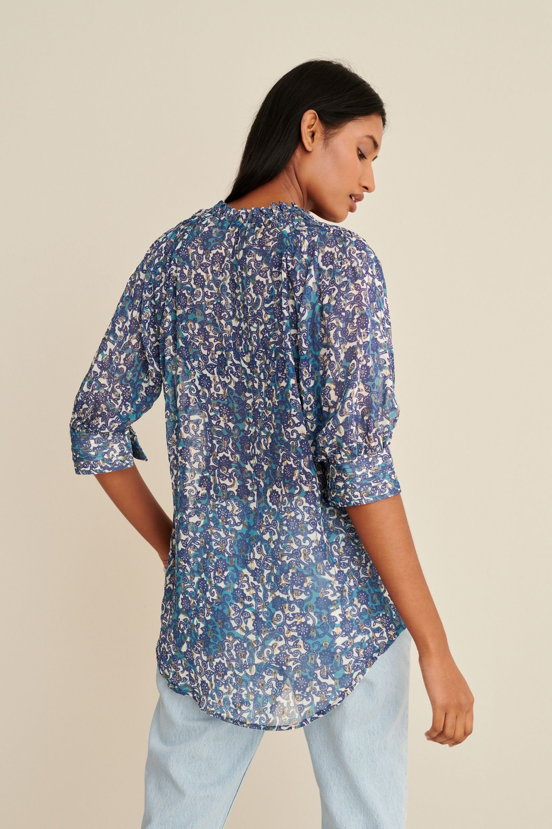 Floral Lurex-Bluse Next Blue (1-tlg) + V-Ausschnitt 3/4-Ärmeln mit Kurzarmbluse Getupfte