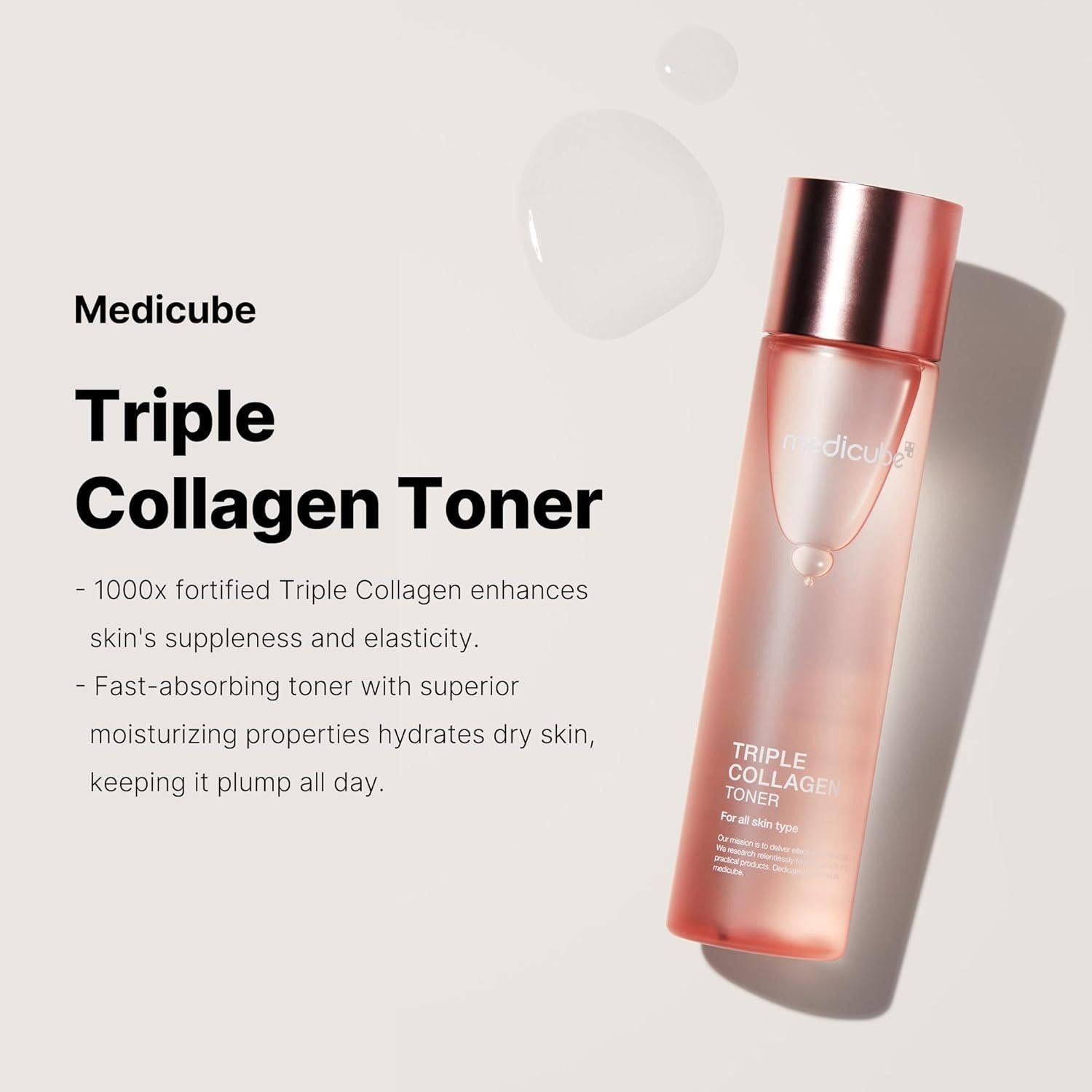 Medicube Toner Triple Collagen Toner 4.0, Gesichtstoner 140 ml, mit 3-fach Kollagen- Komplex Mehr Elastizität & Glow: Triple Collagen Toner polstert deine Haut sichtbar, auf koreanische Kosmetik, 3-fach Kollagen-Komplex, Glow-Effekt